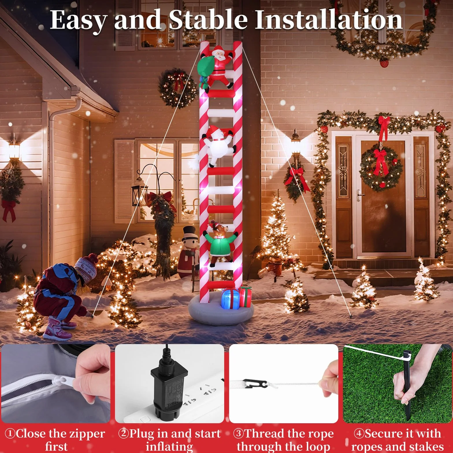 Lewondr Inflables Navidad 9,8FT 11 LED Escalera Decoración Exterior Impermeable Reno Santa Claus Muñeco de Nieve