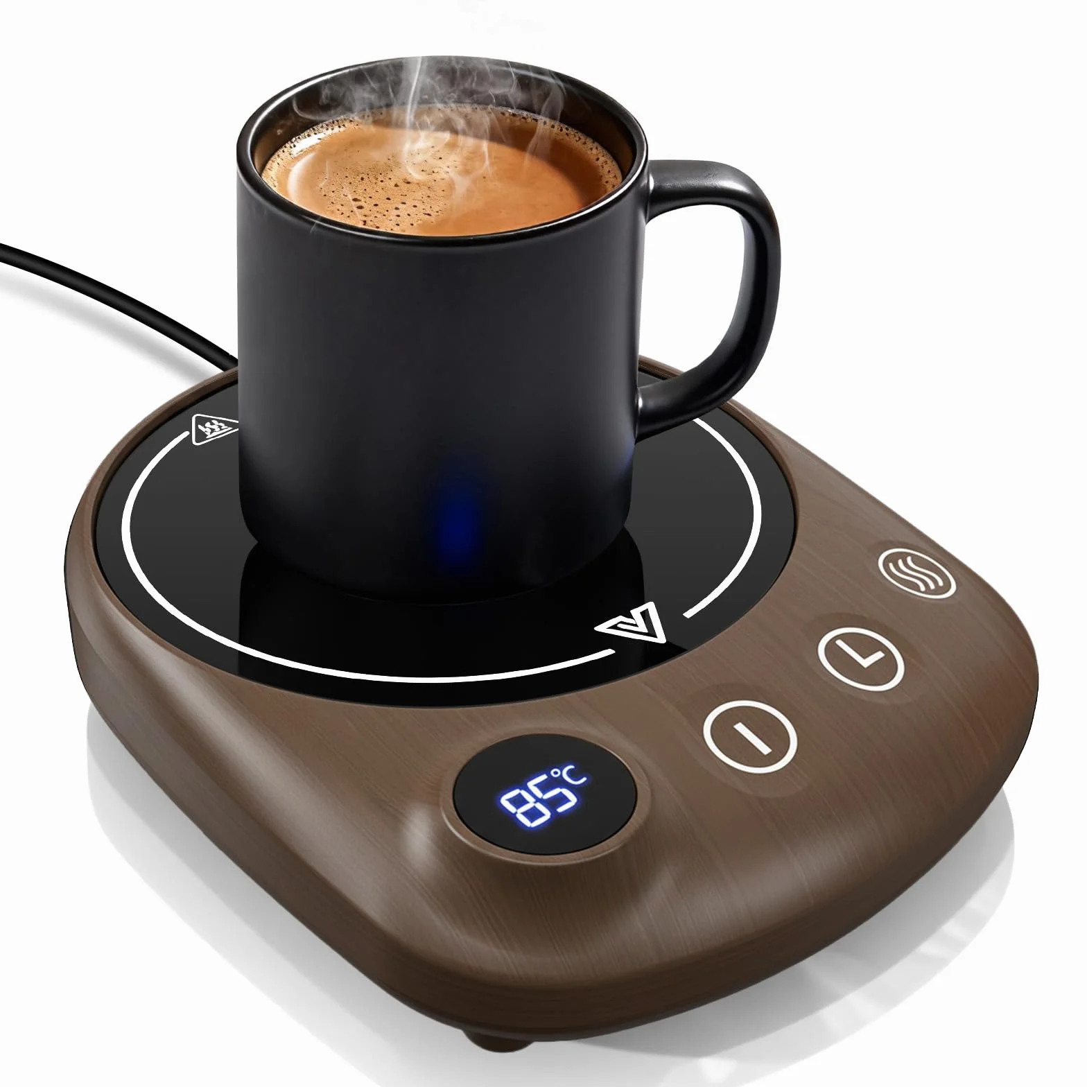 Calentador de Tazas, 4 temperaturas Ajustables de 55°C a 85°C, Apagado automático después de 8 Horas, Calentador de Tazas con función de Temporizador de 1-12H (Color Grano de Madera)