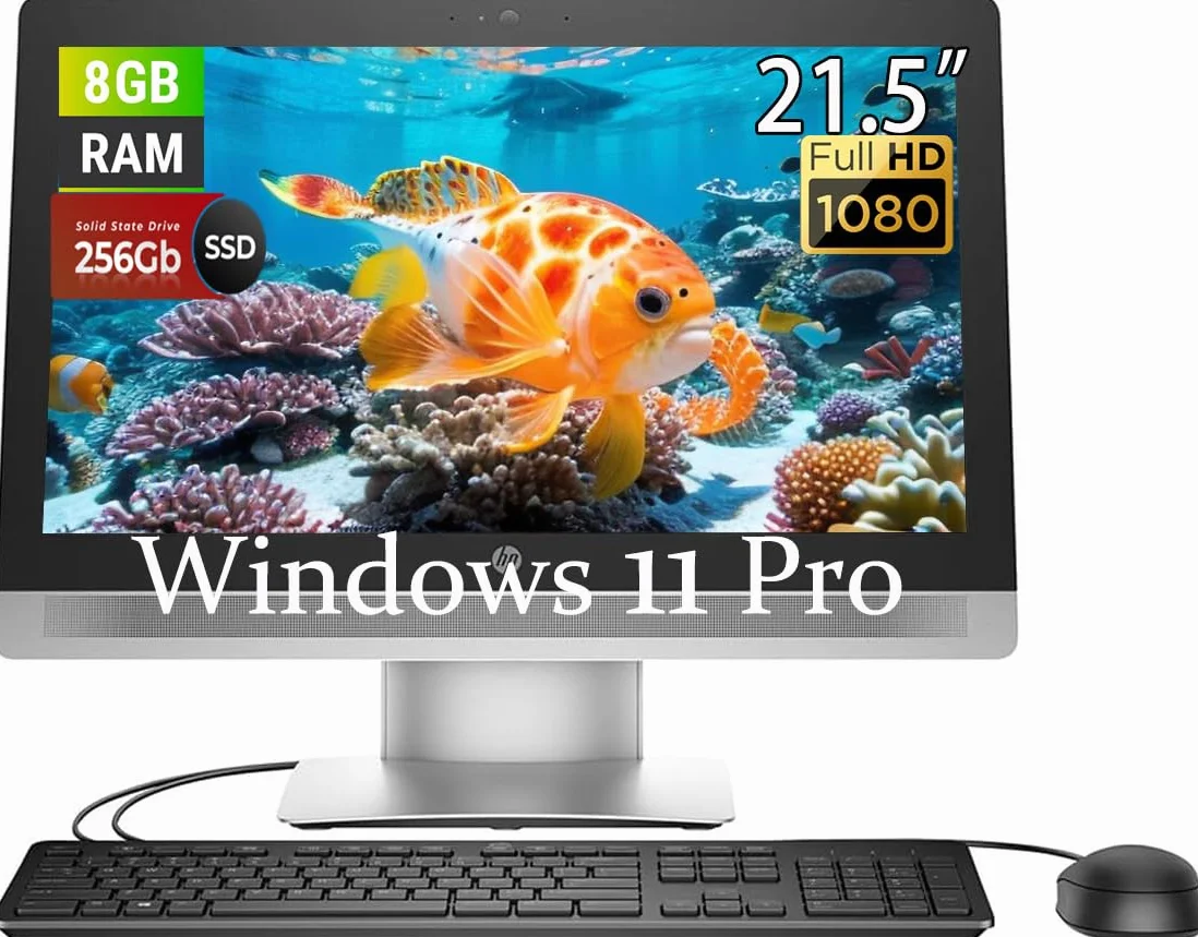 HP ProOne 600 G2 All-in-One Ordenador de sobremesa, FHD 21.5" (1920 x 1080), Intel Core i5-6500 3.2GHz, 8GB RAM DDR4, 256GB SSD, teclado QWERTY de EE. UU., ratón, USB WiFi, Windows 11 Pro (Refurbished