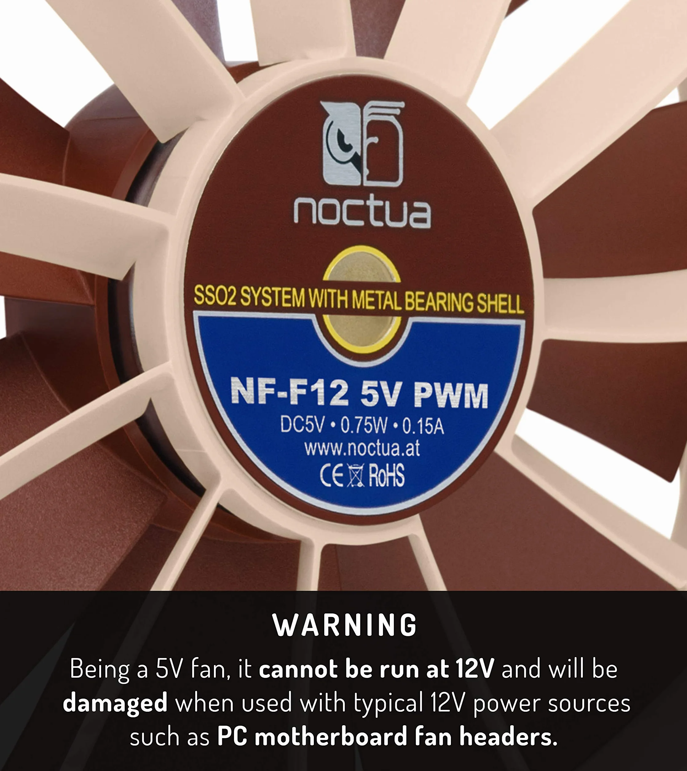 Noctua NF-F12 5V PWM, Ventilador Silencioso con Cable Adaptador USB, 4 Pines, Versión de 5V (120 mm, Marrón)