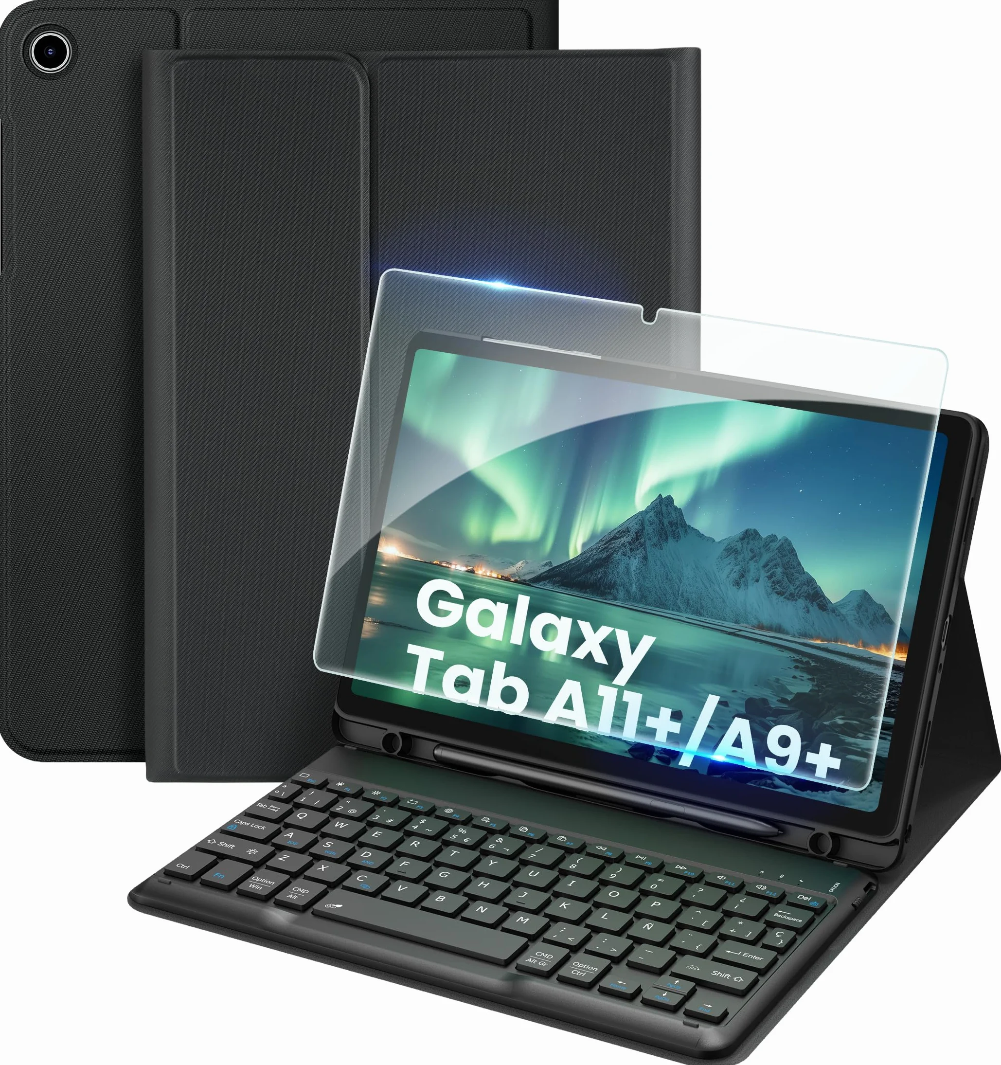 EasyAcc Funda con Teclado para Samsung Galaxy Tab A11 Plus / A9 Plus de 11 Pulgadas 2025/2023 con Película Protectora, Funda Protectora para Teclado Extraíble con Portalápices, Negro