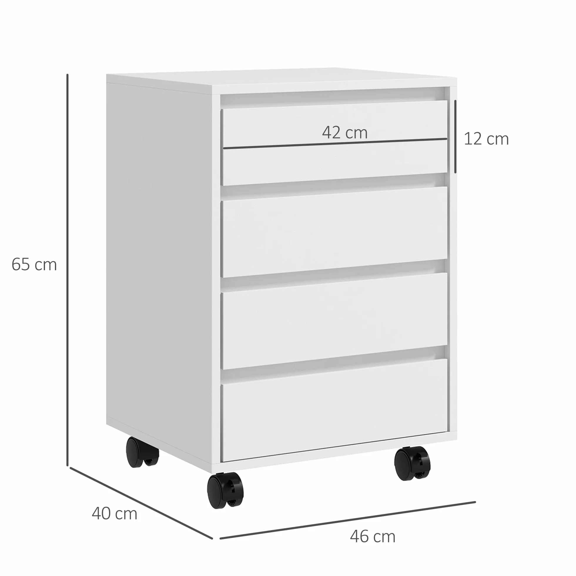 HOMCOM Cajonera de Oficina 4 Cajones con Ruedas Archivador Móvil 46x40x65 cm Blanco