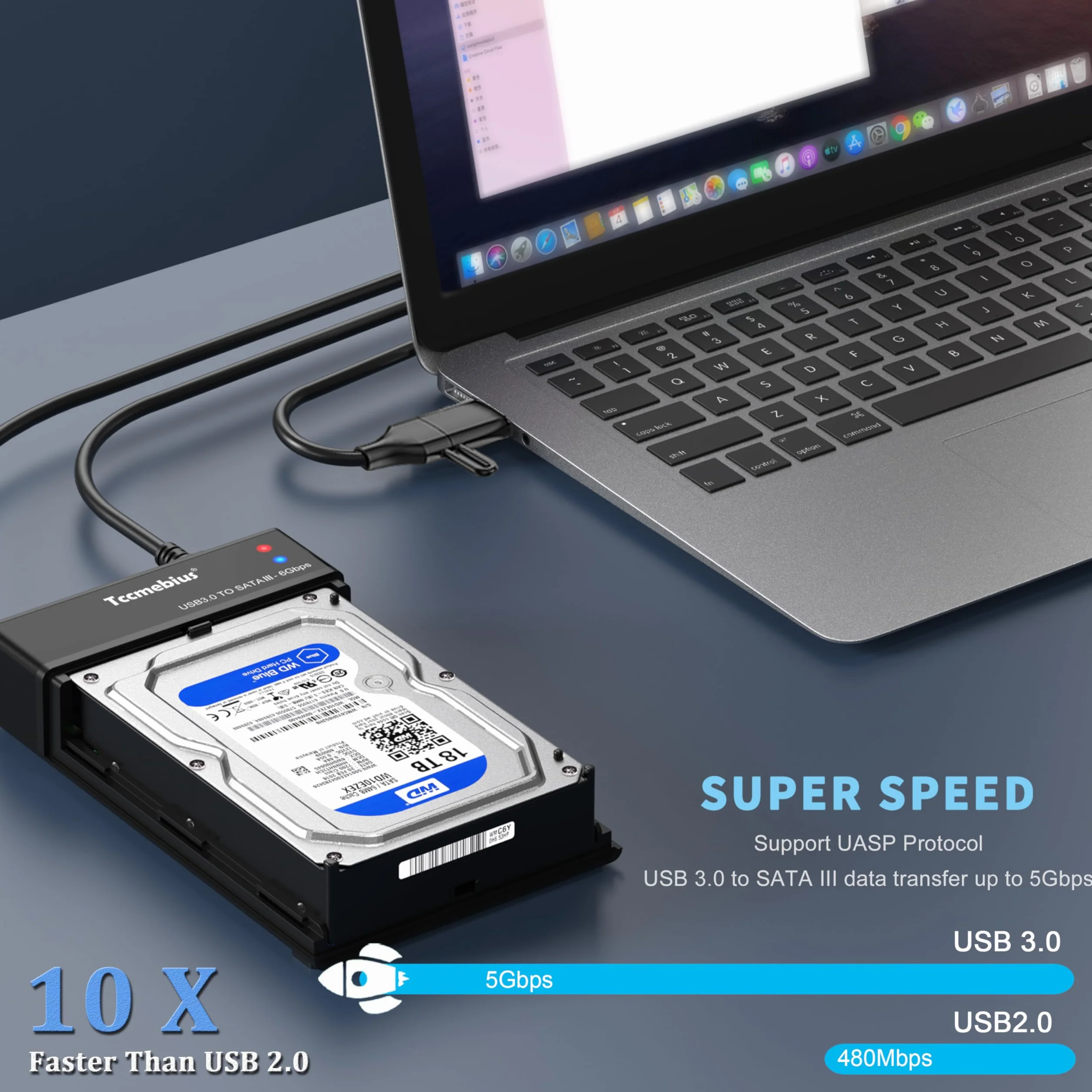Carcasa Disco Duro, USB 3.0 Caja 3.5 Externo para 2,5 3,5 Pulgadas SATA HDD SSD hasta 22TB, con Adaptador de Corriente 12V3A Cable USB A/C, Soporte UASP Función de sueño automática (TCC-S8)