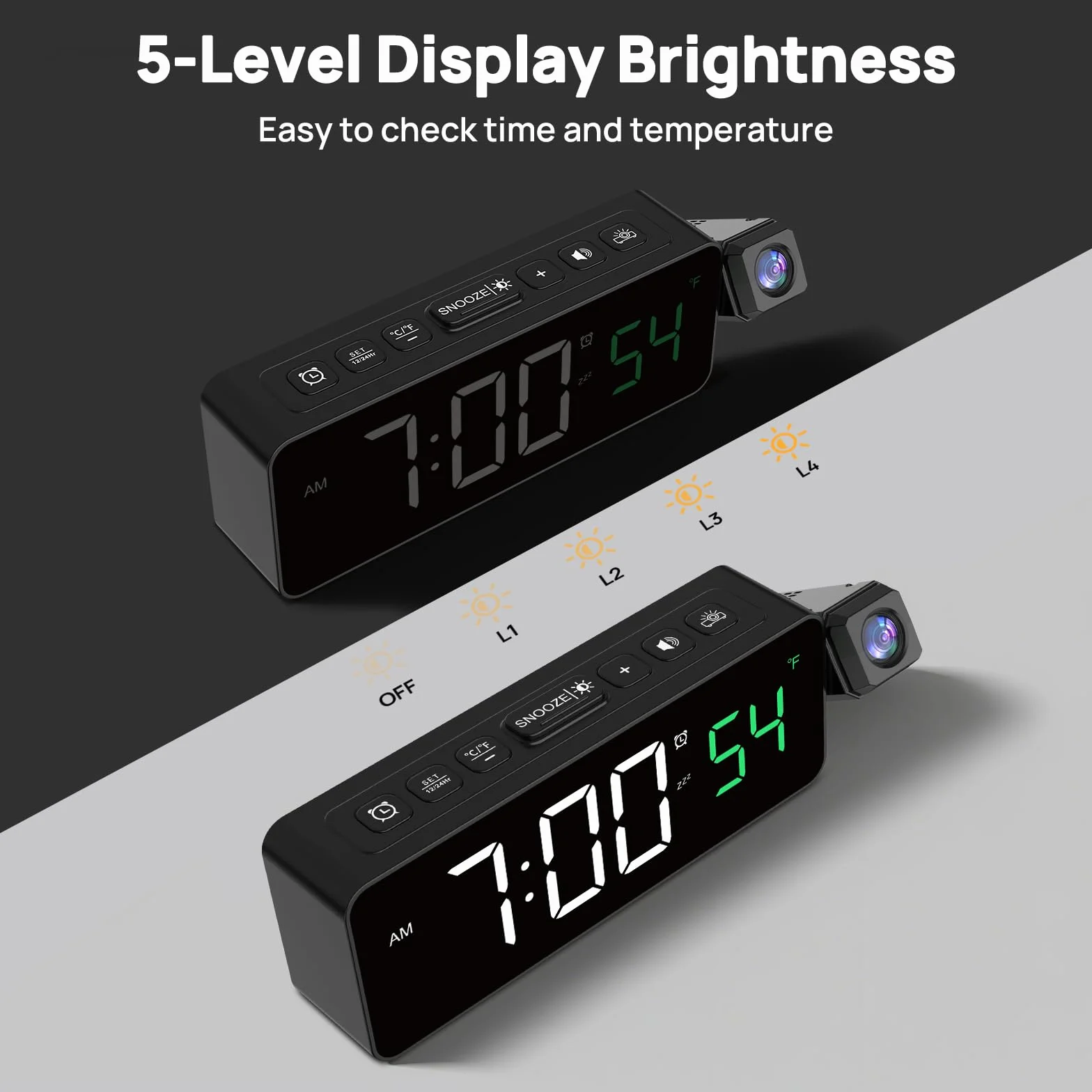 Netzu Reloj Despertador Digital con Proyector 180° Pantalla LED Temperatura Brillo Ajustable