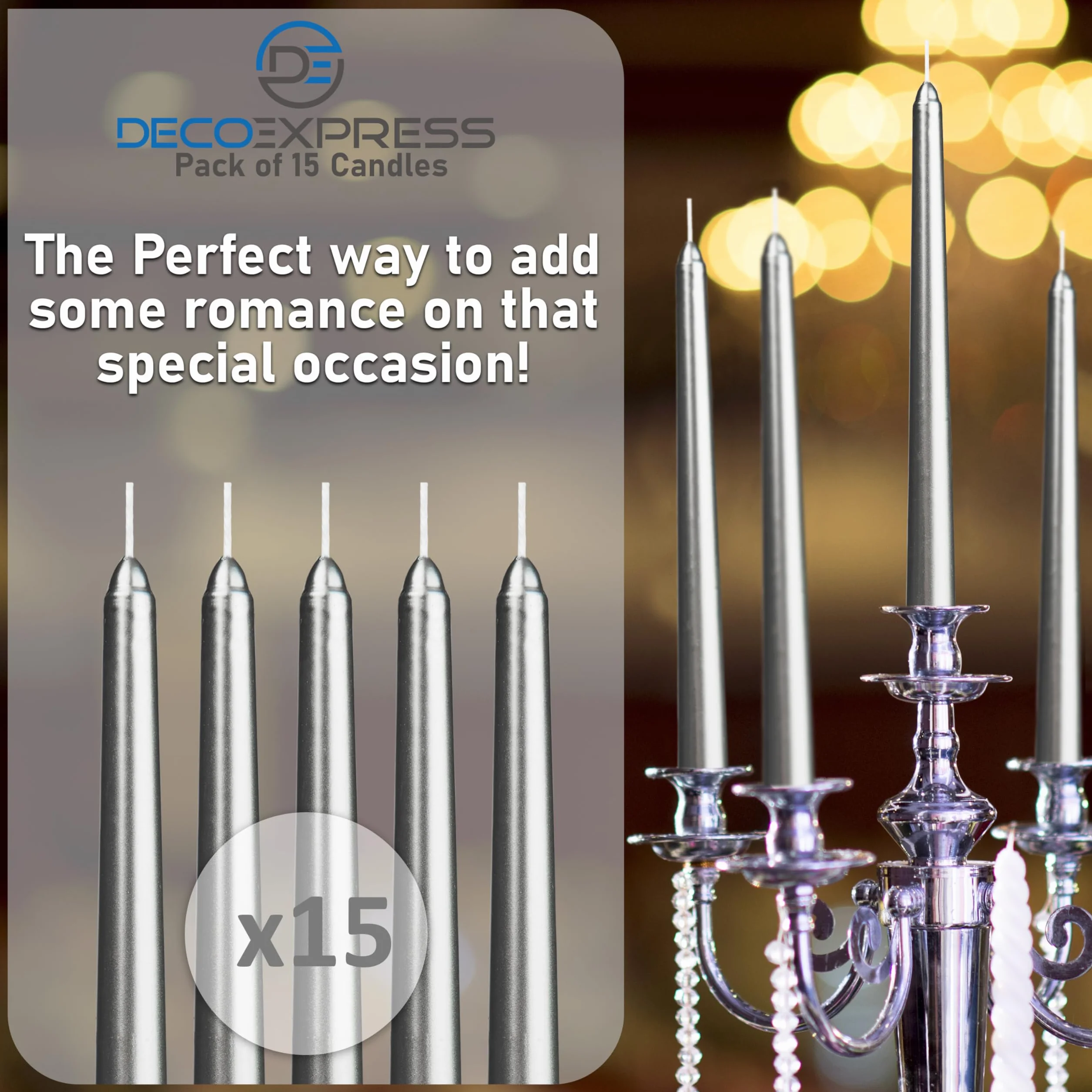 DECO EXPRESS Velas Decorativas Set 15 Paquete Larga Duracion sin Goteo 8 Horas Quema sin Fragancia Plata