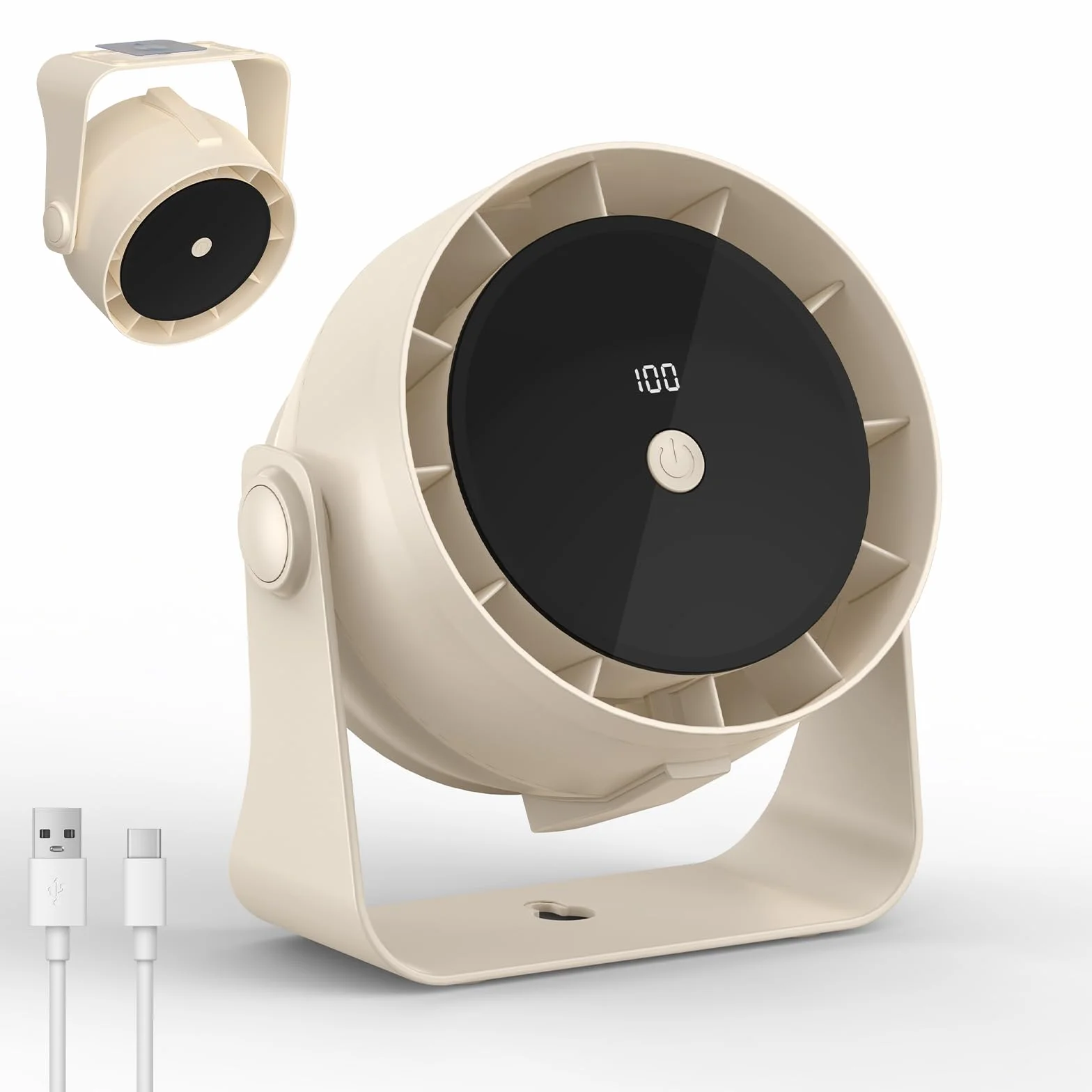 Ventilador USB de Mesa Portátil, Ventilador de Escritorio Silencioso con Pantalla Digital Recargable 4000mAh, 100 Velocidades, Rotación de 360°, Mini Ventilador para Oficina, Hogar