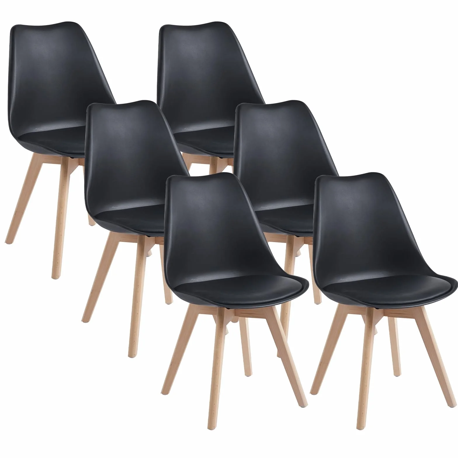 DEWINNER Pack de 6 Sillas de Comedor, Sillas de Cocina, Asiento Acolchado Tapizado y Patas de Madera Maciza de Haya, Silla Negro