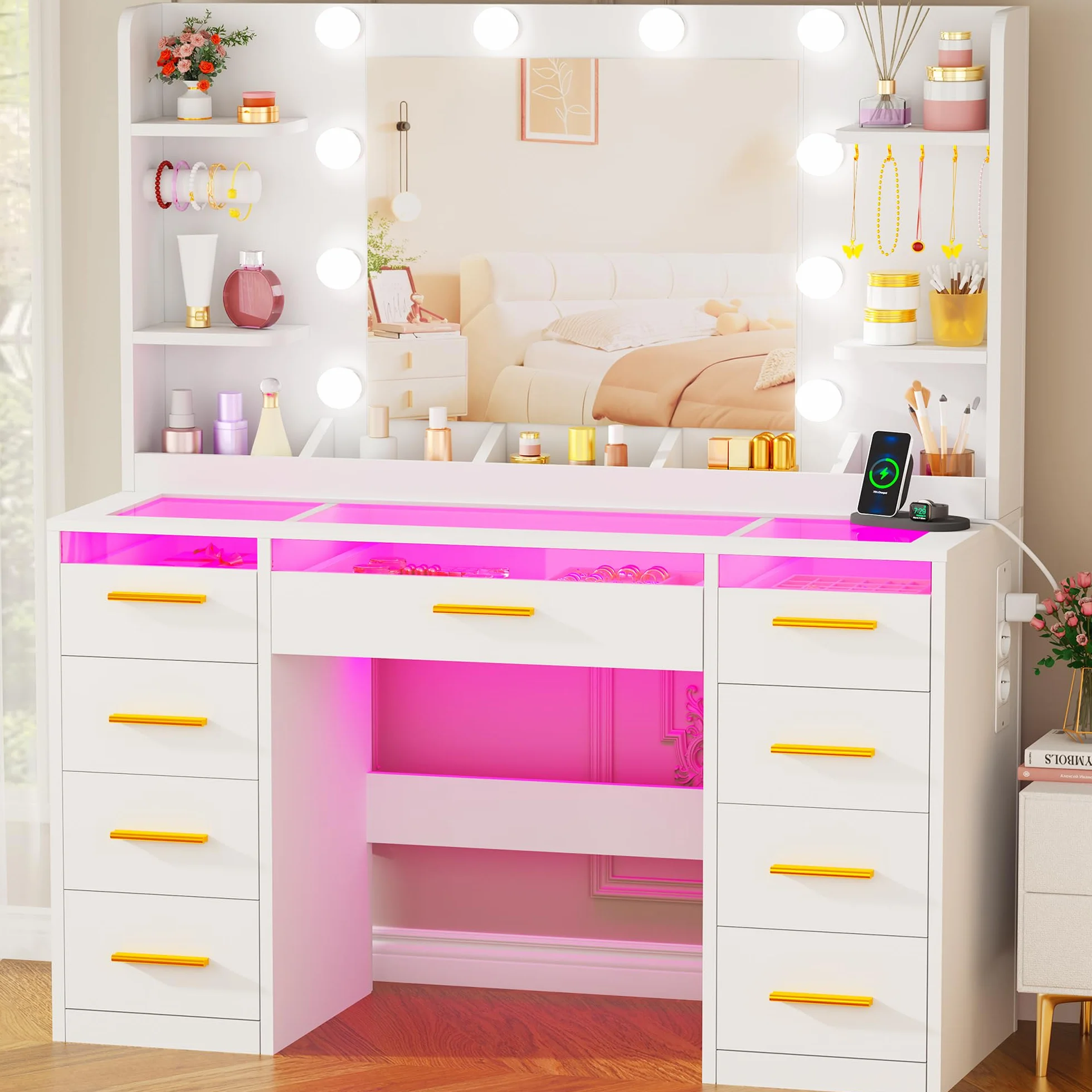 ANWBROAD Grande Tocador de Maquillaje con Espejo y Luces LED, 9 Cajones RGB, Mesa Moderna Blanco BDT95W
