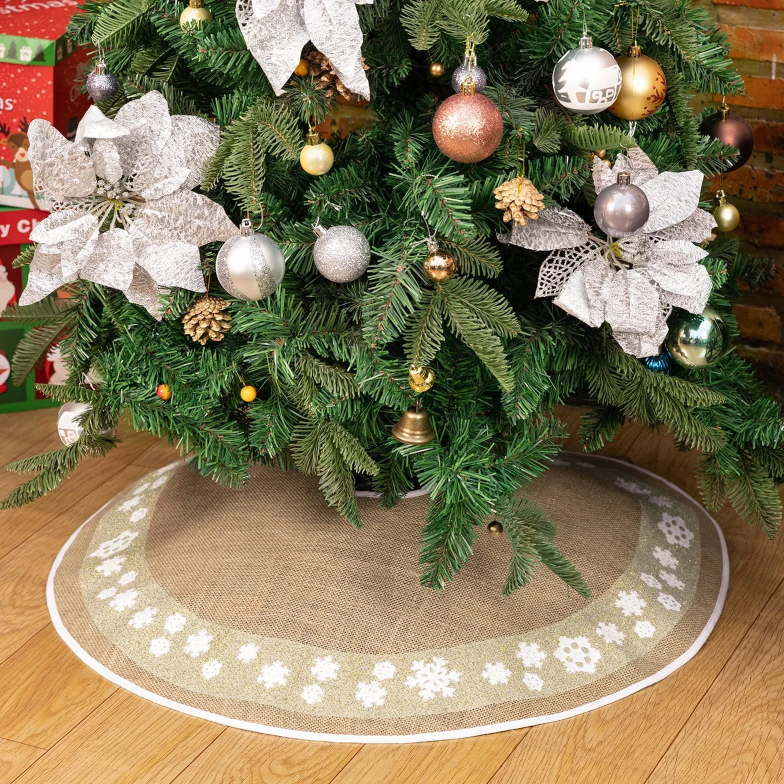 MACTING Mantel para árbol de Navidad 76 cm redondo lino brillo dorado copos de nieve decoración navideña