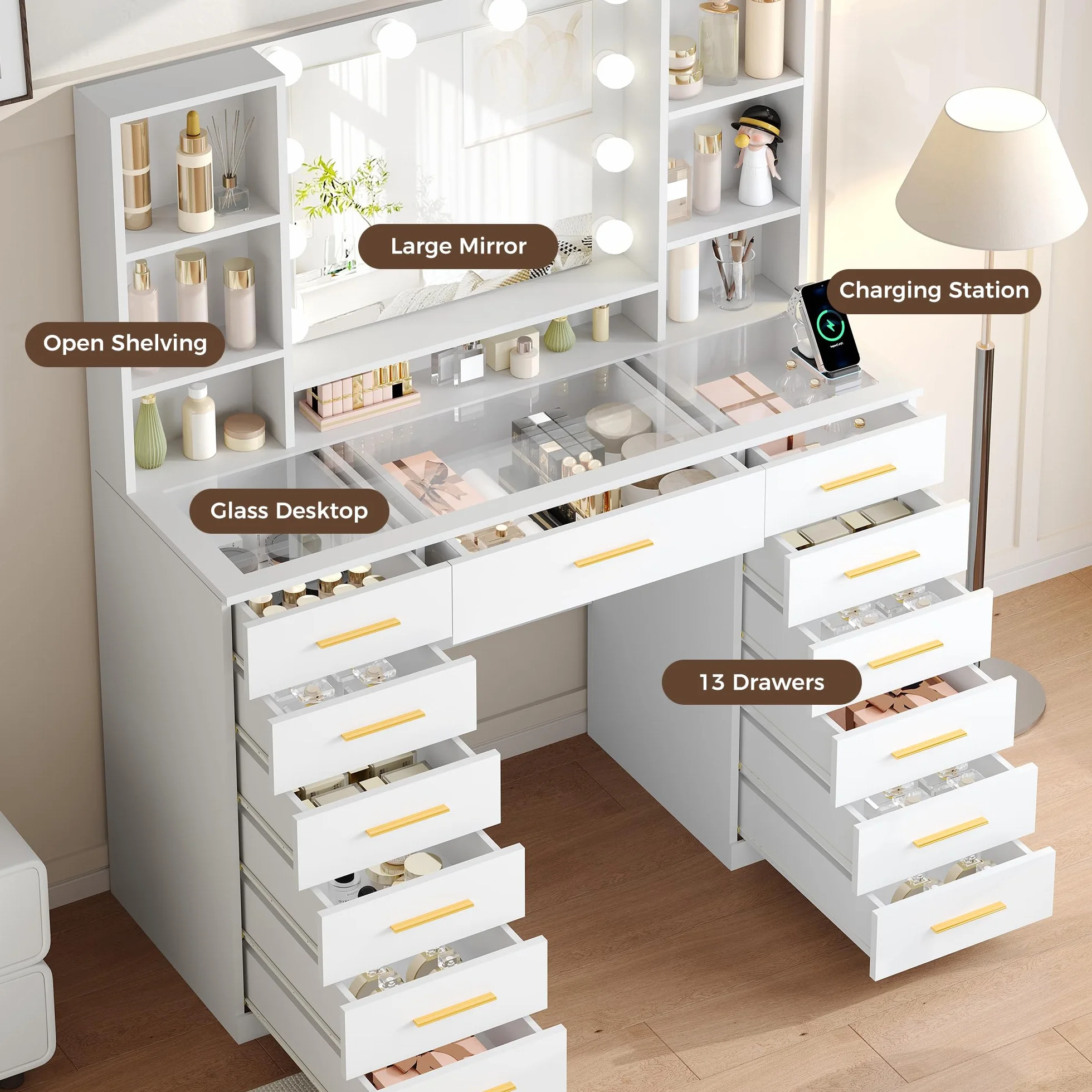 BEWISHOME Tocador de Maquillaje con Luces LED Regulables Mesa con Espejo 13 Cajones Blanco EFST61W