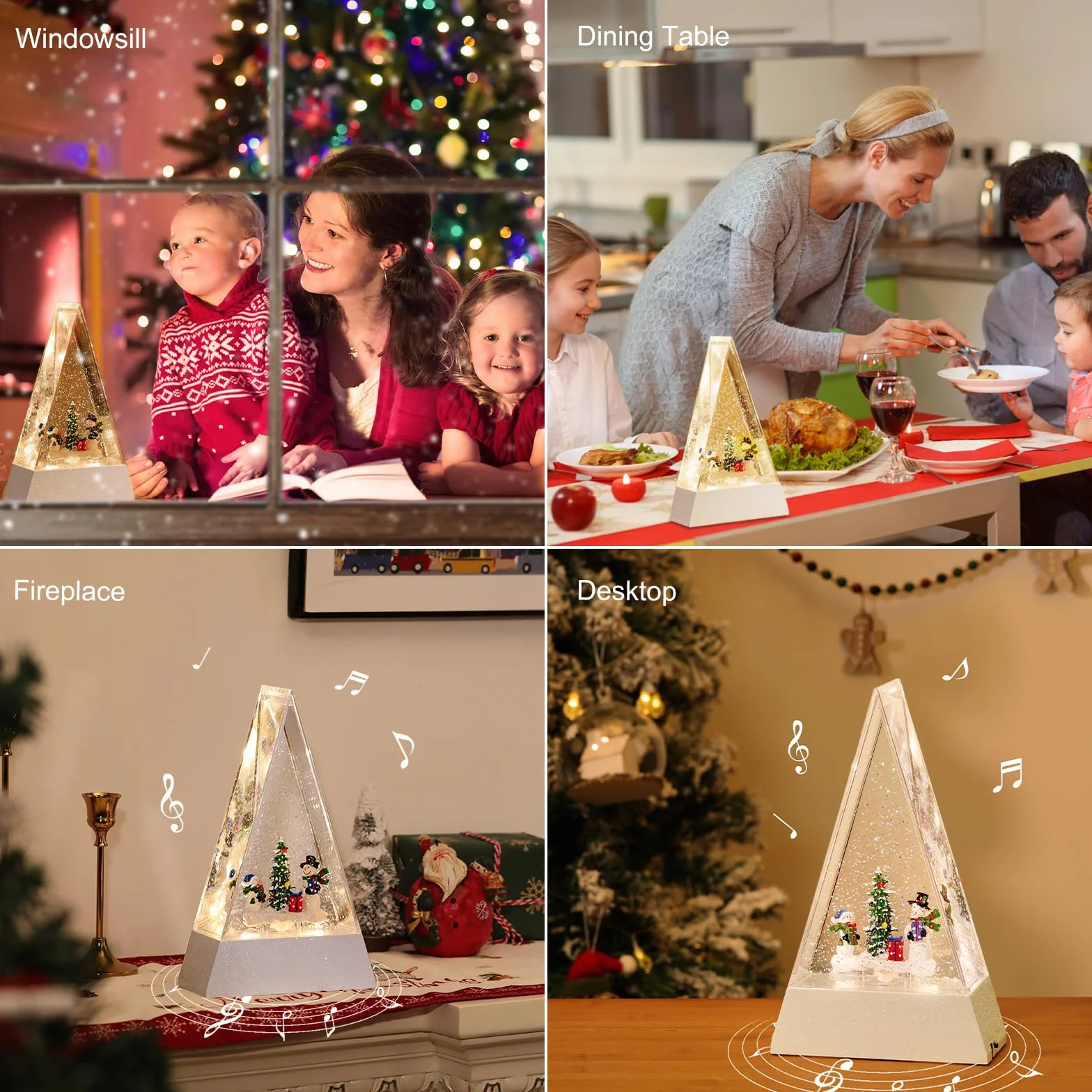 Globo de Nieve Navideño Triangular con Luz LED, Muñeco de Nieve con 8 Canciones y Temporizador 6H USB/Batería