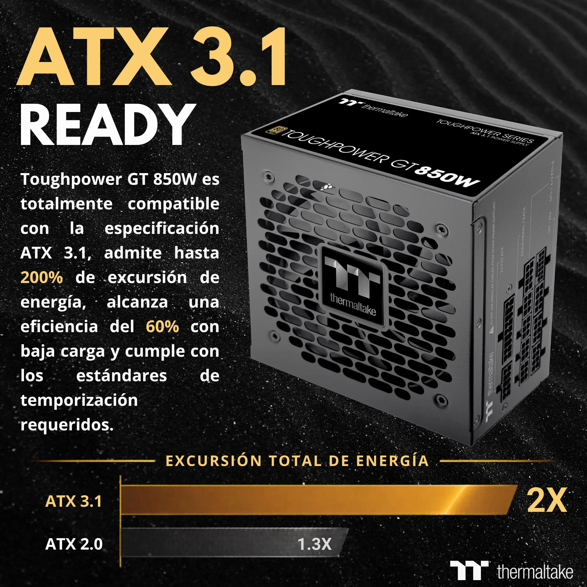 Thermaltake Toughpower GT 850W | Fuente de Alimentación Totalmente Modular ATX 3.1 | PCIe 5.1 12V-2x6 Nativo | 80 Plus Gold | Ventilador 120mm Silencioso | Smart Zero Fan | 5 Años Garantía | Negro