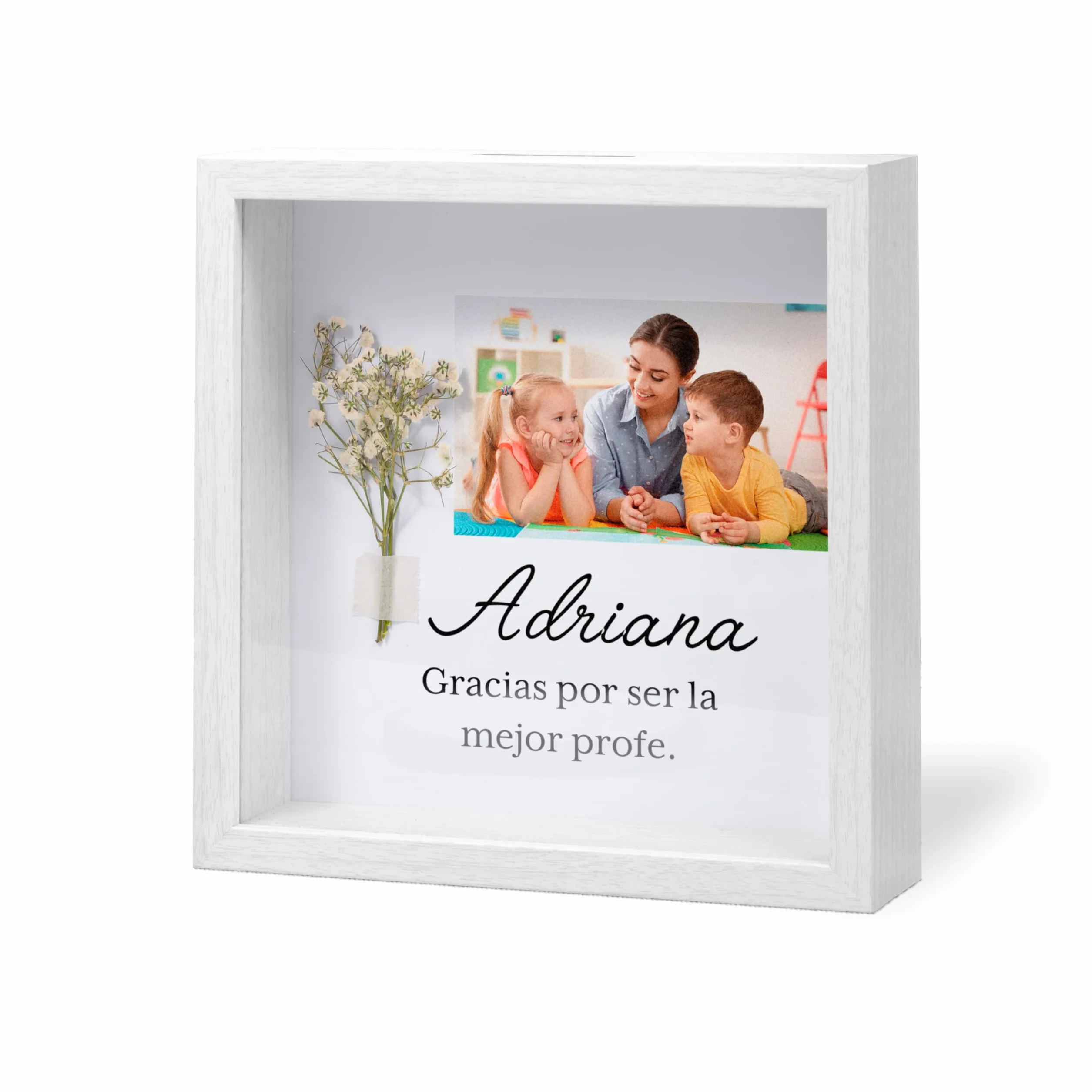 Marco Personalizado “Te Quiero Profe” con Foto, Texto y Ramo Decorativo – Regalo Original Fin de Curso para Profesora o Maestro – Marco de Madera 21,5 x 21,5 cm
