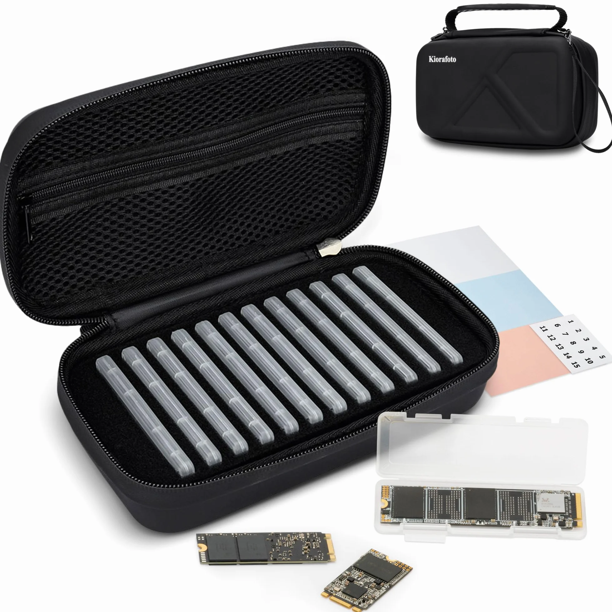 Soporte para SSD M.2 de poliuretano EVA con 12 fundas transparentes M.2 NVMe para SSD 2280/2260/2242/2230, resistente al agua y a prueba de golpes, con bolsillo con cremallera y asa de transporte