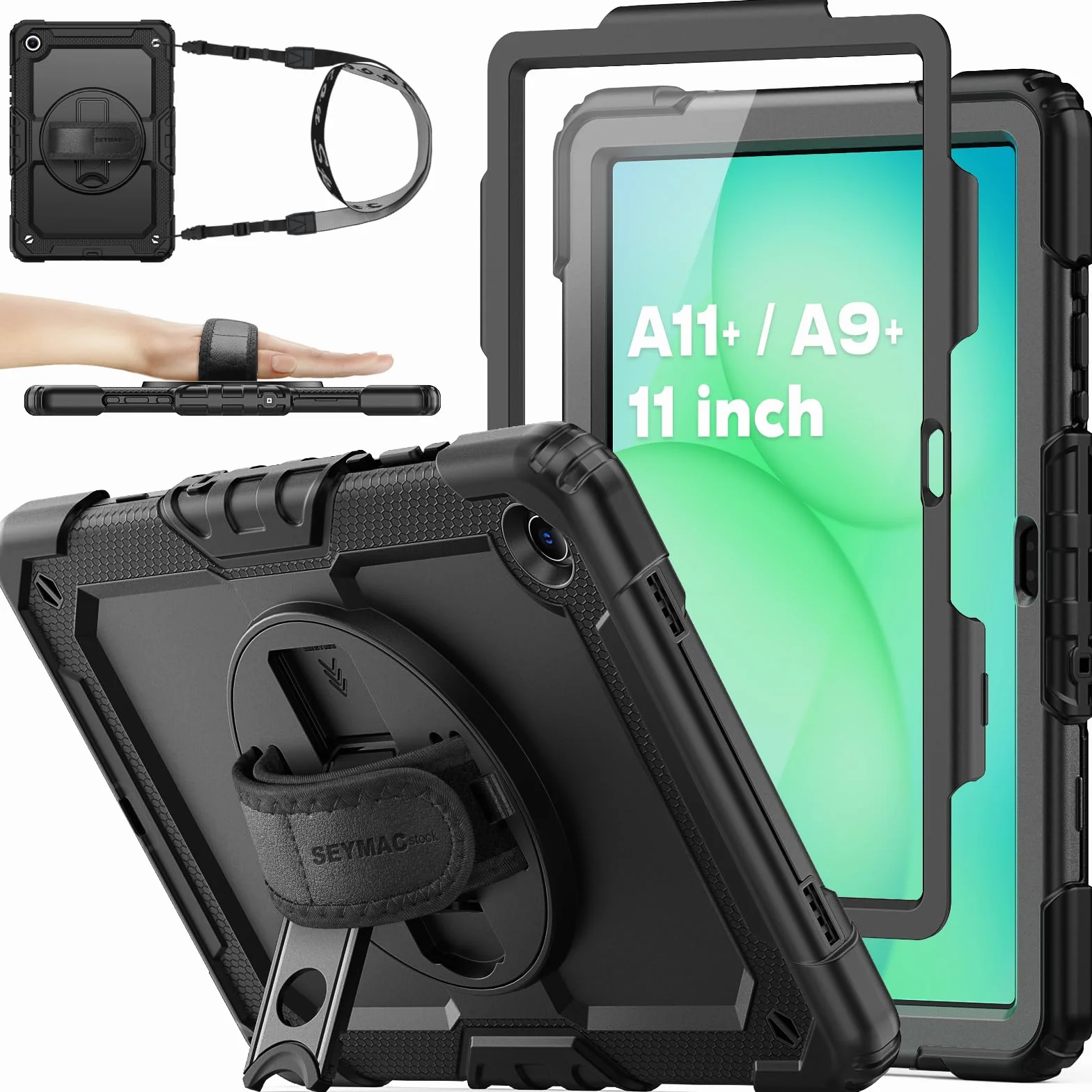SEYMAC stock Funda para Samsung Galaxy Tab A11+ Plus/A9+ Plus 11'' 2025/2023, Funda Resistente con Protector de Pantalla, Soporte Giratorio/Correa de Mano y Portalápices, Negro