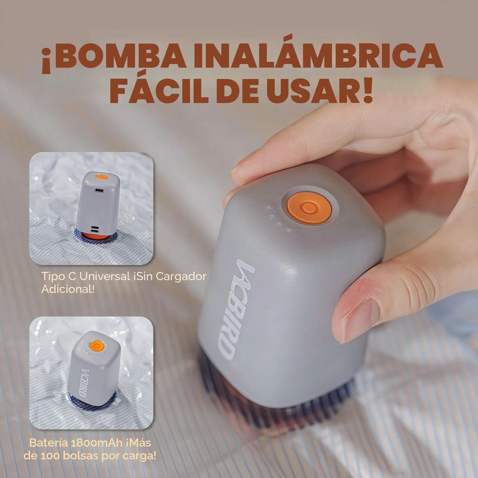 Vacbird Bomba de vacío eléctrica inalámbrica 4500 Pa portátil para comprimir ropa