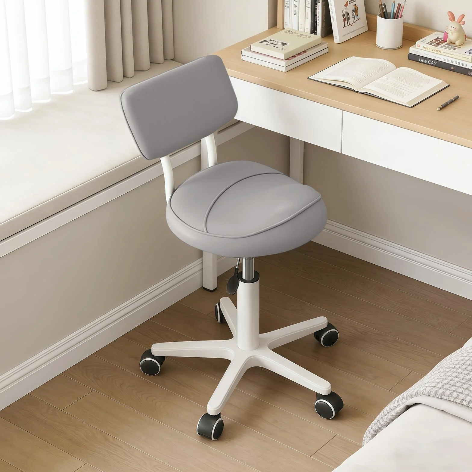 Taburete Giratorio Ergonómico con Respaldo y Ruedas para Peluquería, Dental y Oficina