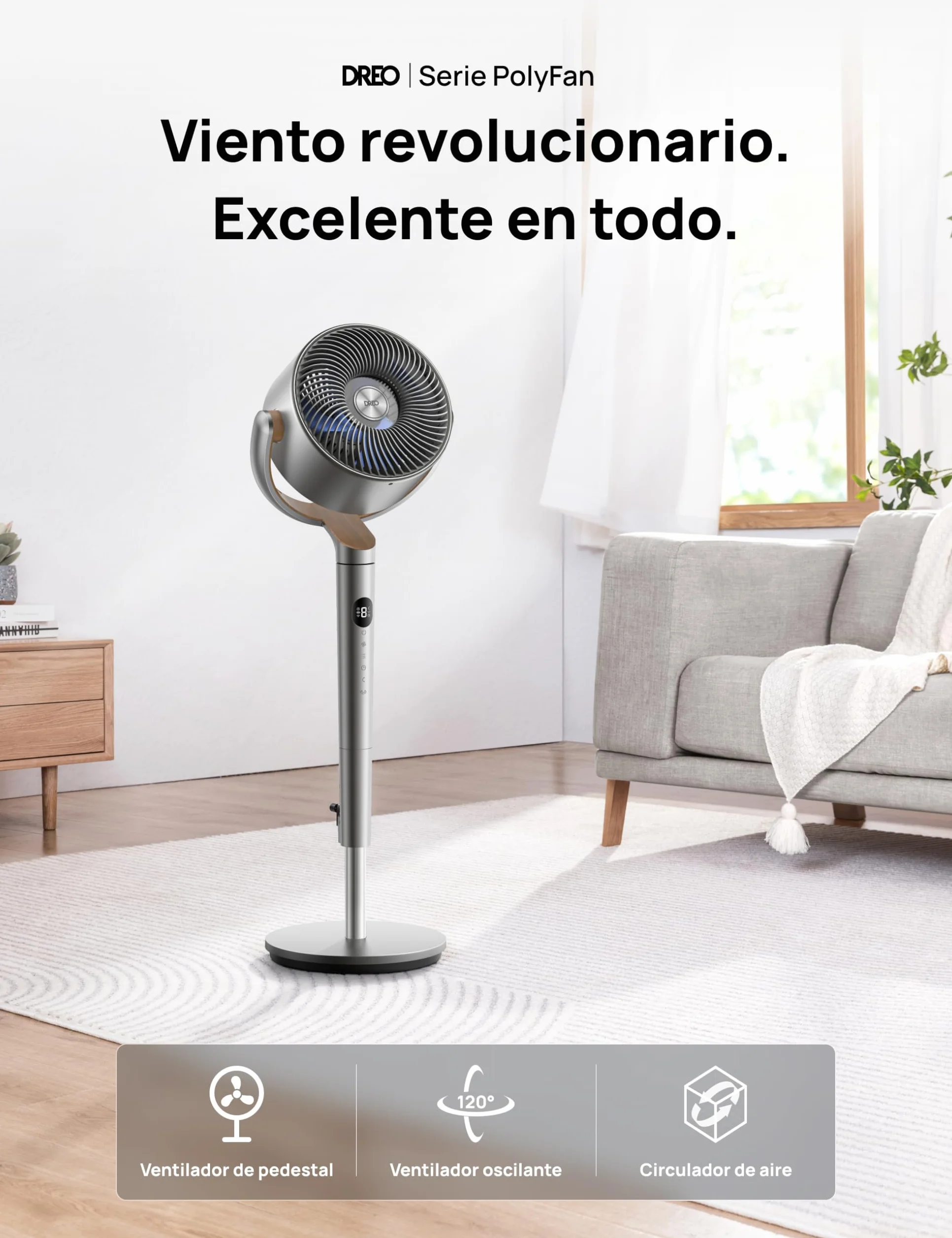 Dreo Ventilador de Pie Silencioso Control Remoto 24 m Alcance 23dB 1200 m³/h 3 Modos 8 Velocidades Temporizador Oscilación 120°