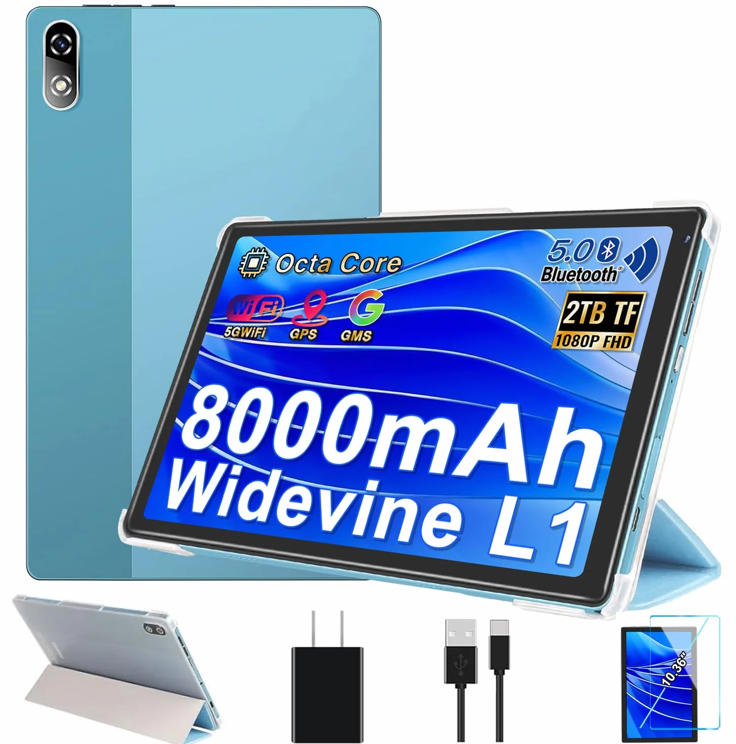 Tablet 10.36 Pulgadas Pantalla 64GB ROM + TF 1TB, Tableta Octa-Core 2.0 GHz / 8000 mAh / 8MP+5MP Macro/ 1340 * 800 Pixels / 5G WiFi/GPS, Tablet Funda Protectora - Azul