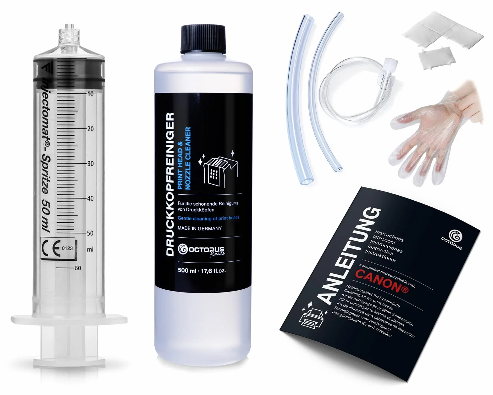 Octopus Limpiador de boquillas, Limpiador de Cabezales de impresión Compatible con los Cabezales de impresión Canon Pixma con adaptadores de Manguera (500 ml)