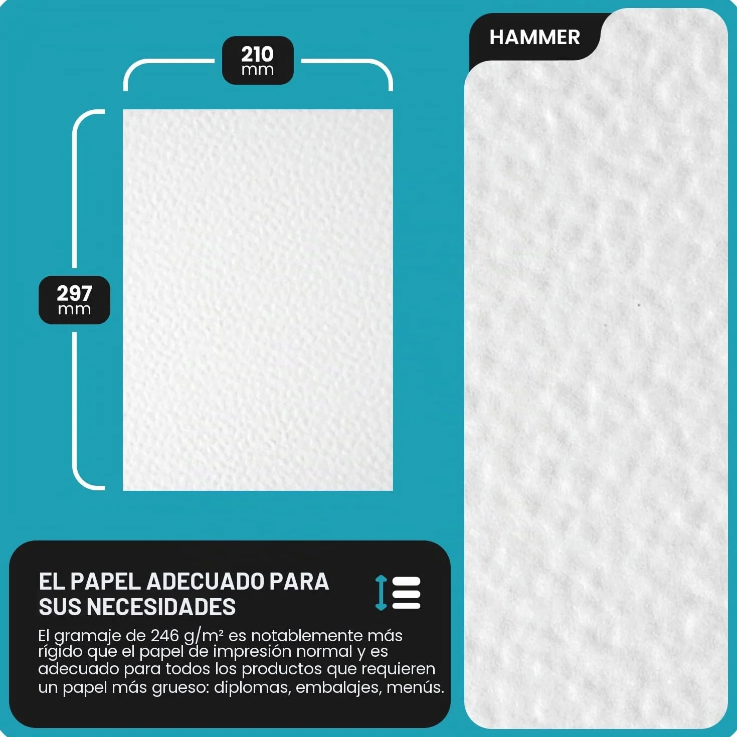 Netuno 100 hojas de cartón texturizado blanco con relieve en martillado A4 210 x 297 mm 246 g Elfenbens Ultrawhite cartulina bilateral para impresoras tarjeta diplomas invitaciones certificados menú