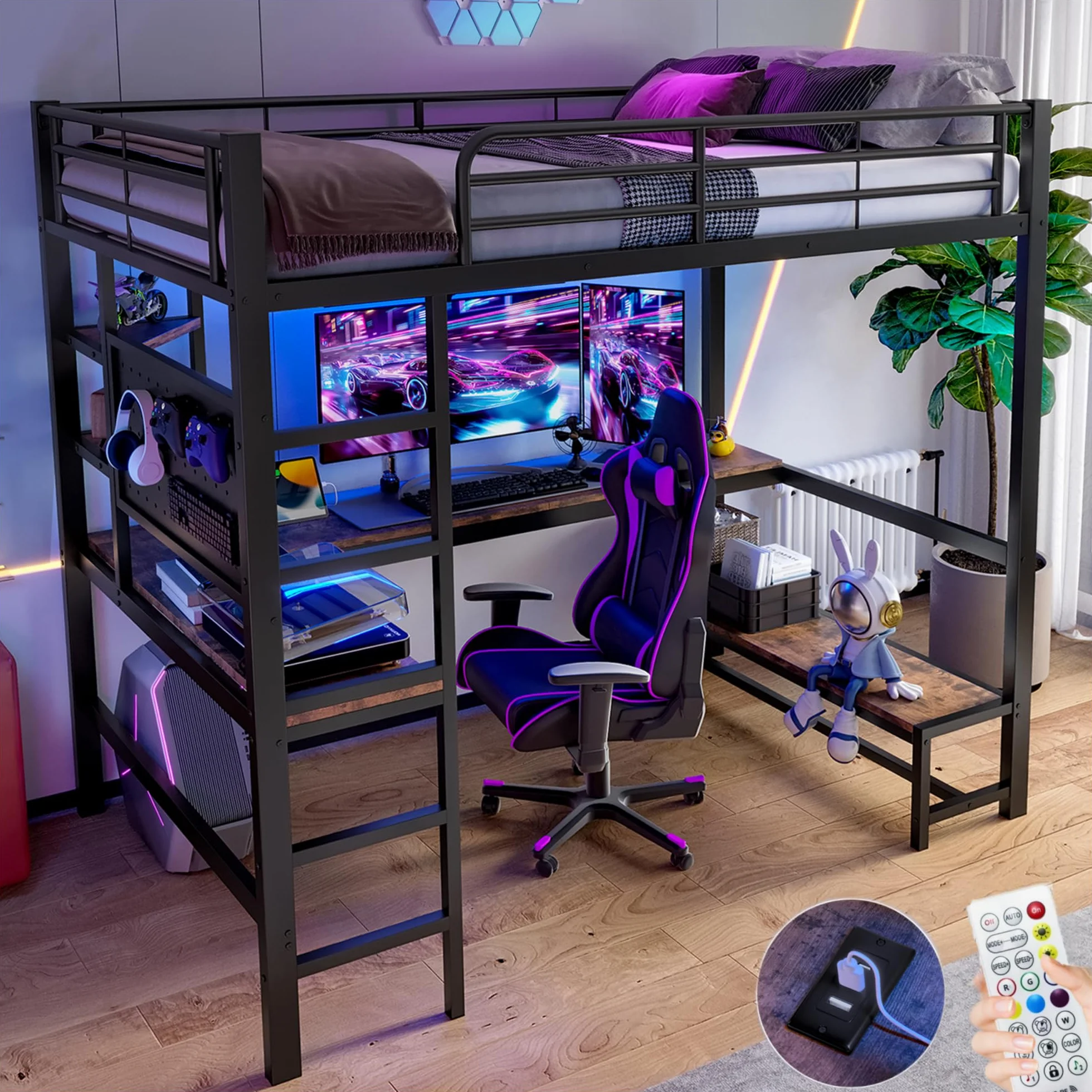 Lubvtti Cama alta 90x200, con escritorio, toma USB+TYPE-C, tira LED, estantes, panel perforado, cama apilable para niños, estructura de cama infantil de hierro (B-Negro)