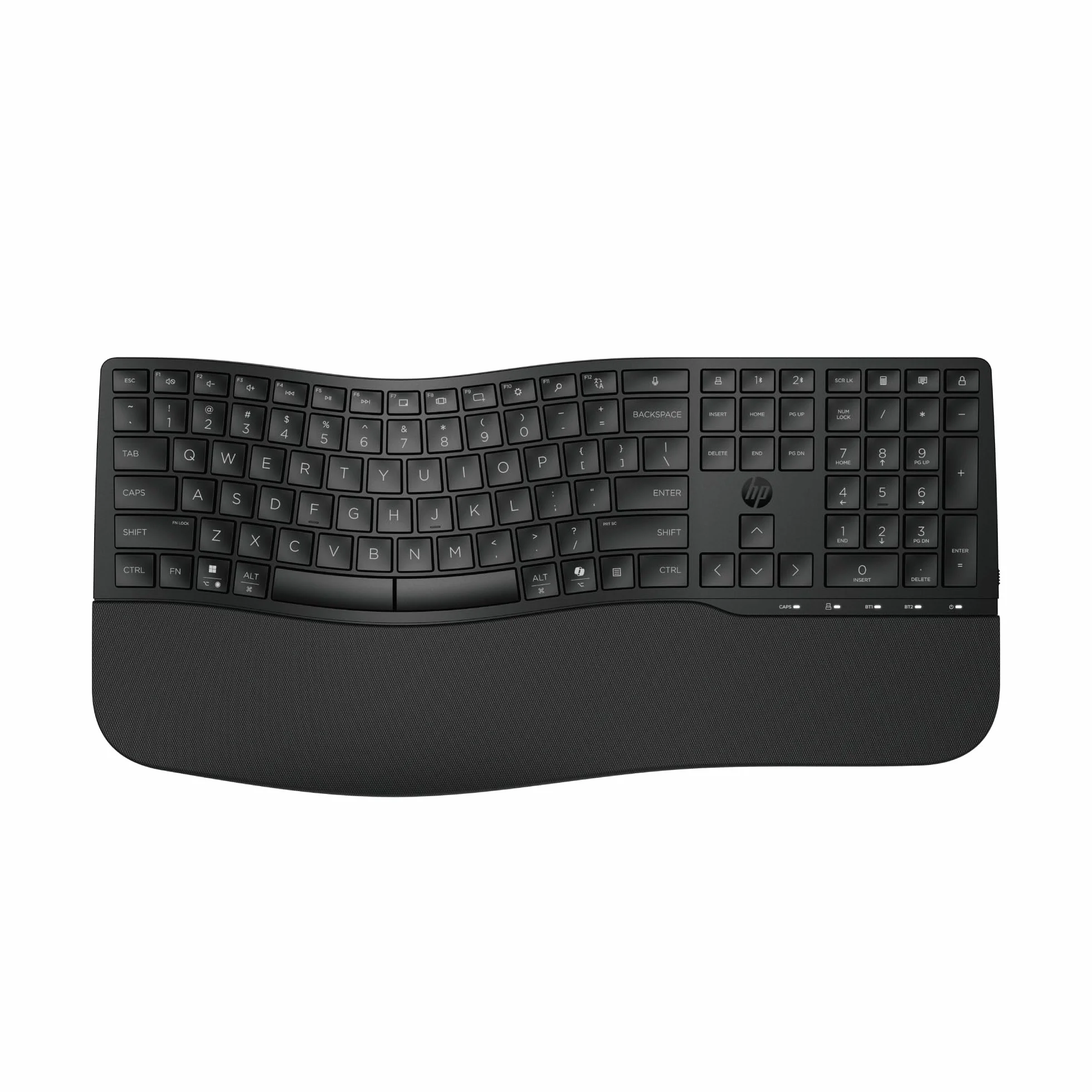HP 680 Teclado QWERTY Español inalámbrico Dual, Ángulos de Escritura Ajustables, Teclas programables, Conectividad Segura, Diseño Compacto en Forma de Onda, Reposamanos Acolchado, Color Negro
