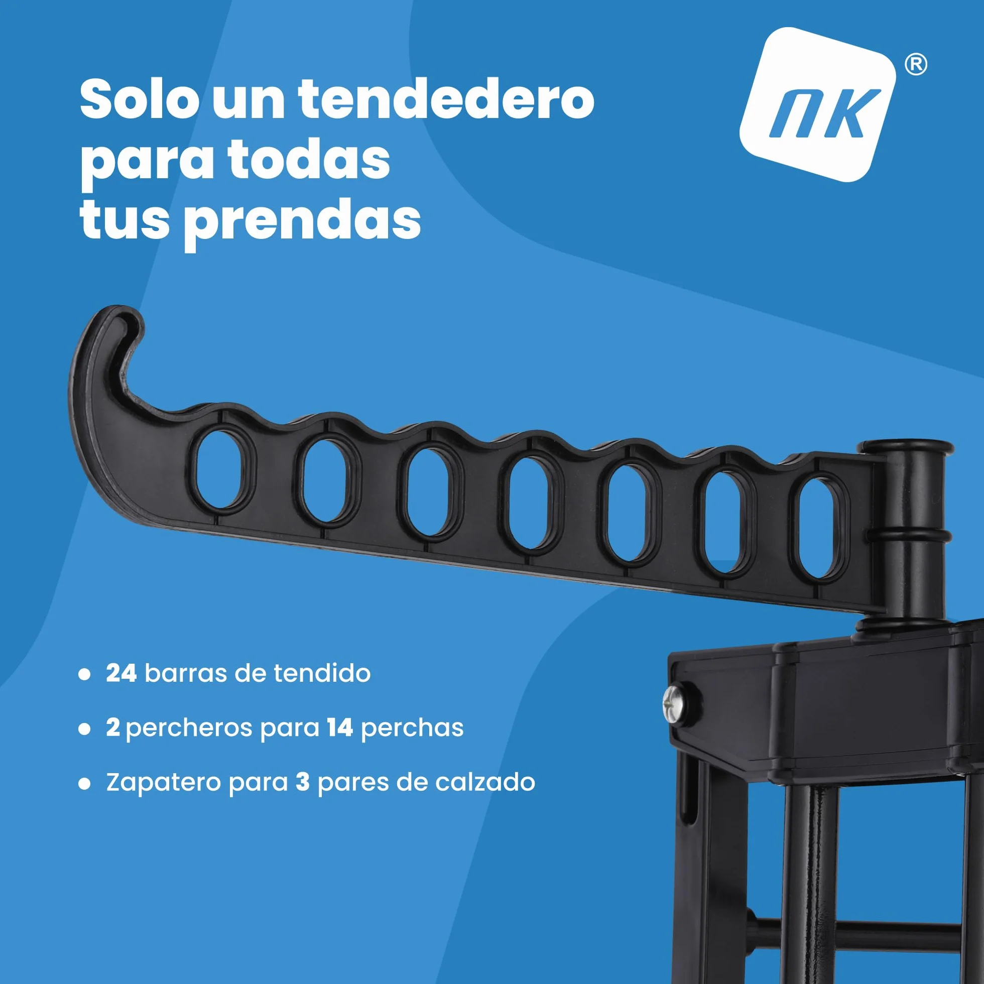 NK Tendedero Vertical Plegable 4 Niveles 6 Bandejas Retráctiles 2 Alas Laterales Zapatero Ruedas 360° Negro