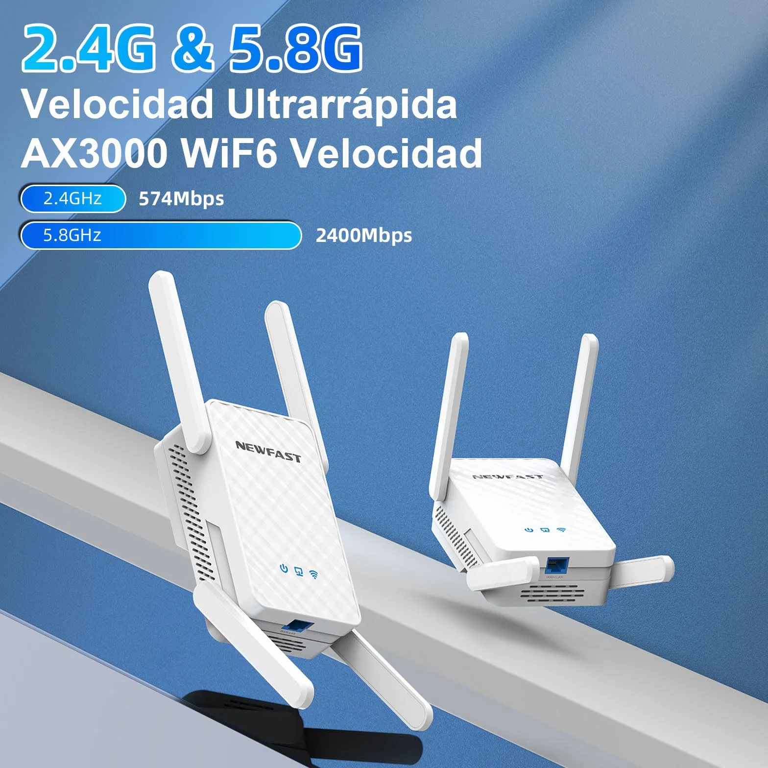 NEWFAST Repetidor WiFi 3000Mbps Amplificador Señal WiFi AX3000 Repetidor WiFi6 5.8/2.4GHz, Puerto Gigabit, 4 Antenas, WPA3, IEEE802.11ax/AC/b/g/n
