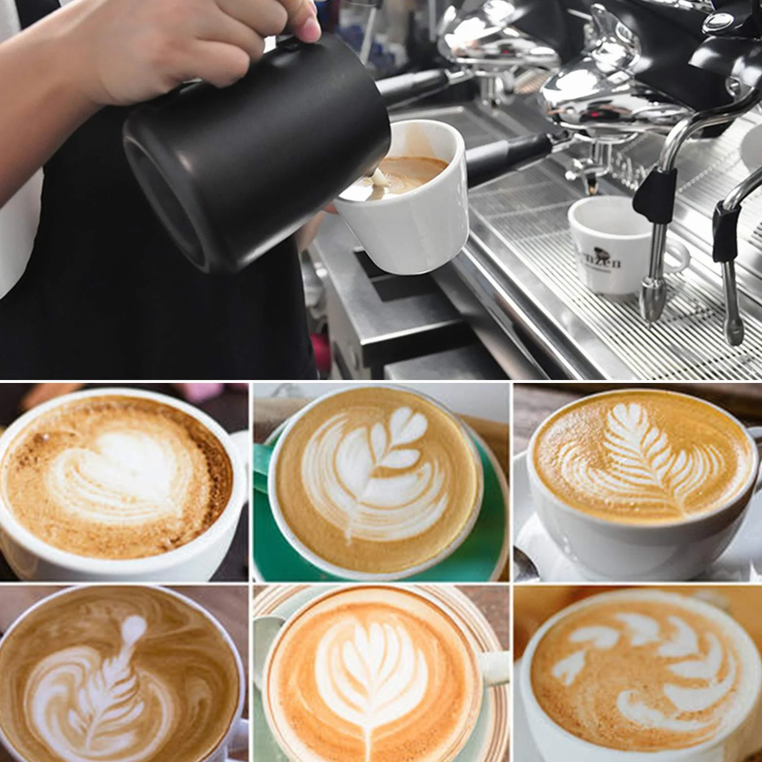 Jarra para Leche Acero Inoxidable Negro 350ml Taza de Café Espumar con Marca de Medición para Barista