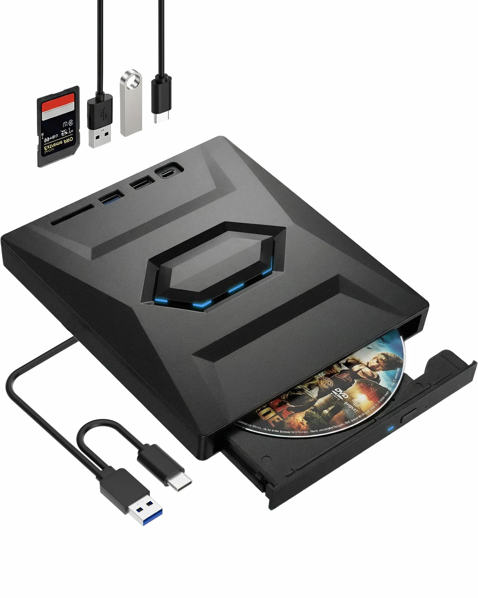 Unidad CD DVD Externa, Alta Velocidad USB 3.0 Tipo C Unidad, Práctica Unidad con Puertos USB, Grabadora CD DVD Portátil para PC Portátil Sobremesa Windows Mac OS Linux