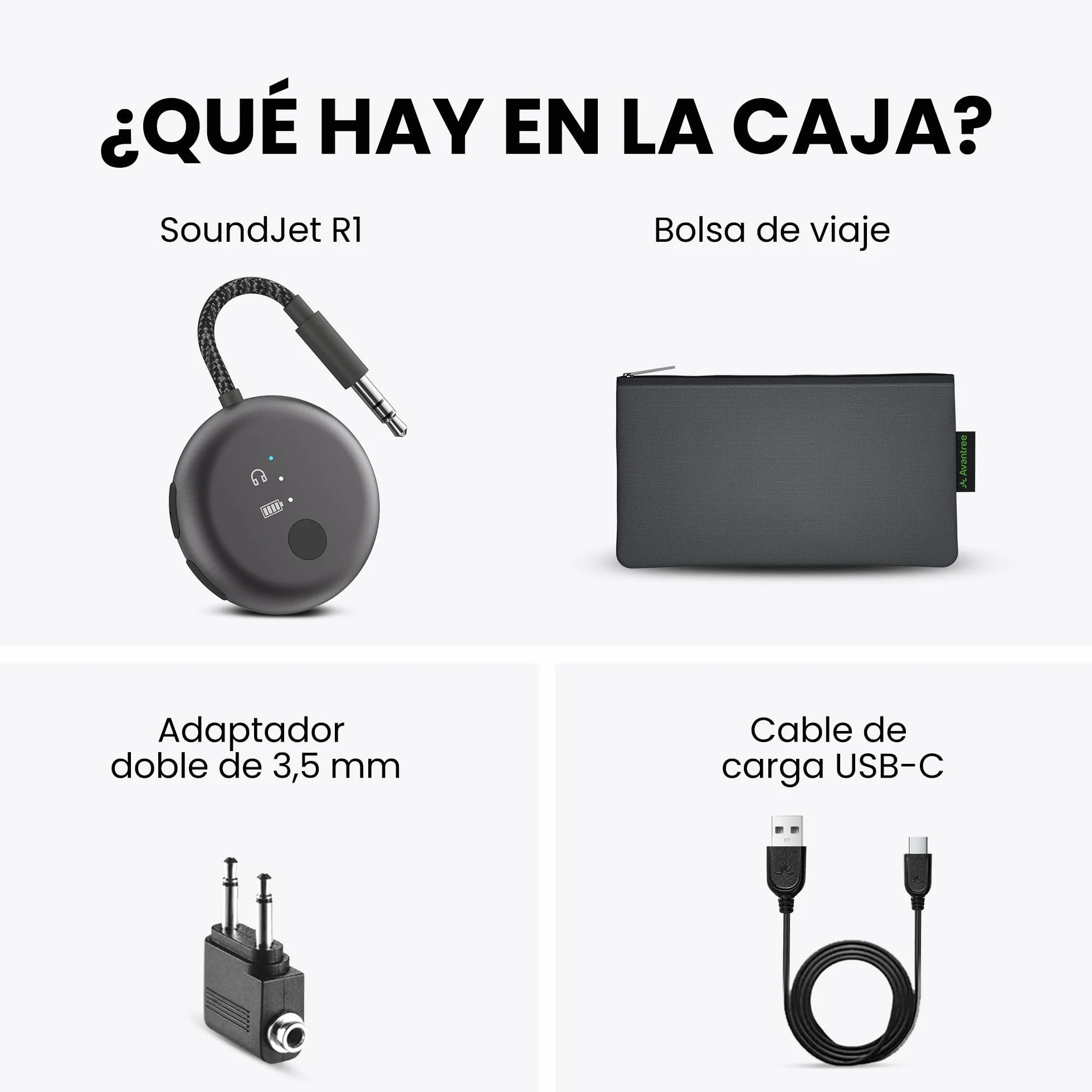 Avantree SoundJet R1 – Adaptador Bluetooth Avión para Auriculares & AirPods, aptX Adaptive, Qualcomm Chipset, 20h de reproducción, Transmisor de Audio Inalámbrico para Viajes - Negro Metálico
