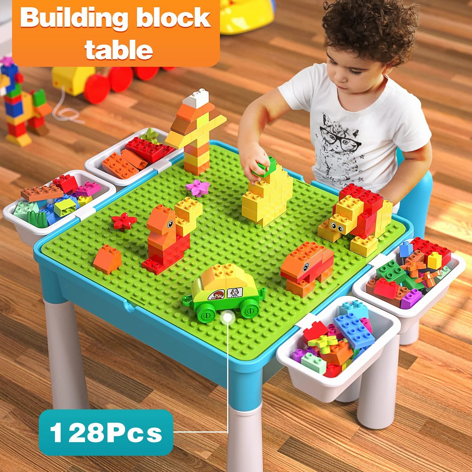 Burgkidz Juego de Mesa 5 en 1 Construcción 128 Piezas Bloques Grandes Mesa y Silla Infantil Azul