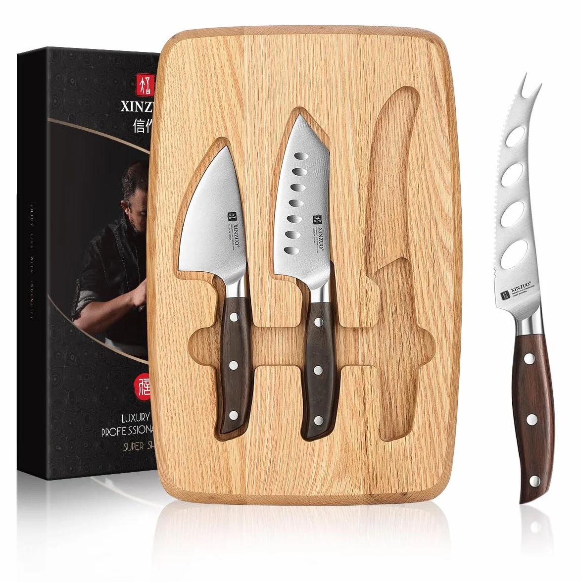 XINZUO Juego de Cuchillos para Queso con Tabla Madera de Roble Rojo y 3 Cuchillos Acero Inoxidable Magnética