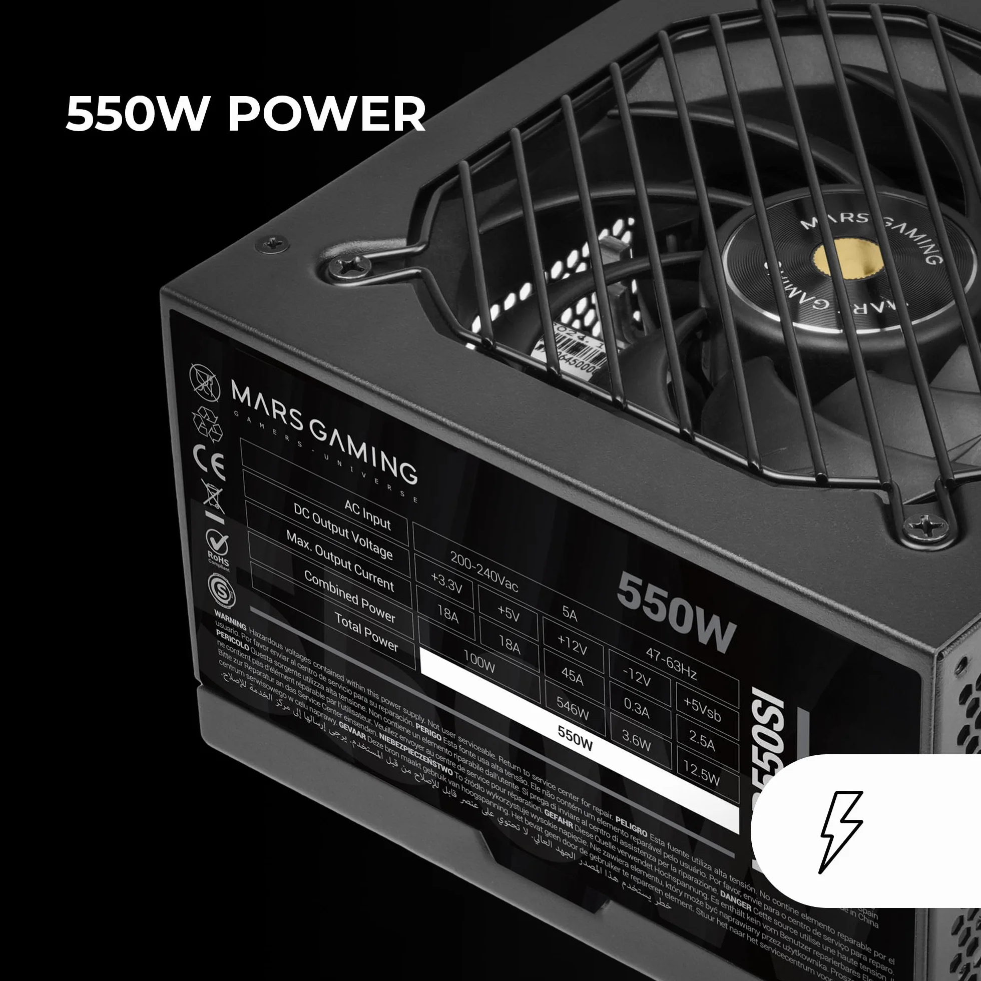 Mars Gaming MPB550SI, Fuente Alimentación ATX 550W, 7 Años Garantía, 80Plus Bronze 230V, 90% Eficiencia, Ventilador SI Extreme Silence, Tecnologías AI2-RPM,Condensadores Japoneses, Negro