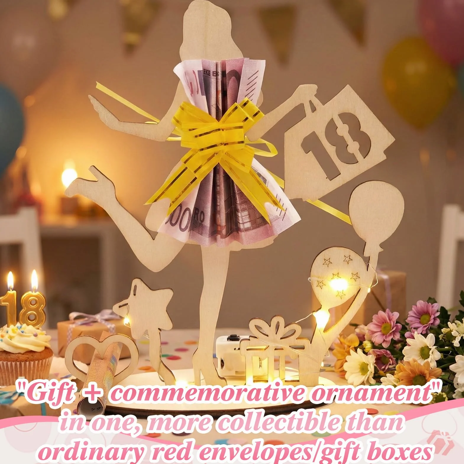 Dongcill Regalo 18 Años Chica, Madera Cumpleaños con Tira de Luces LED, Decoración Mesa Aniversario