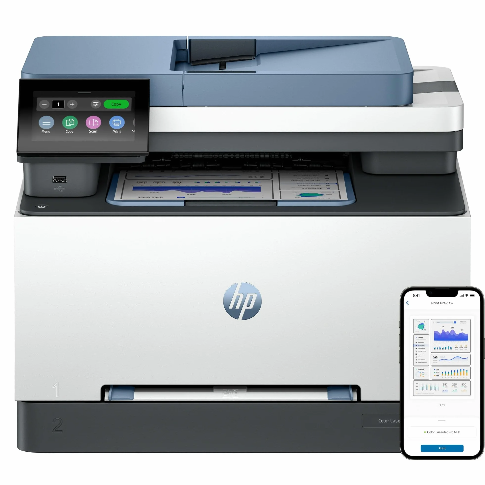 HP Color Laserjet Pro 3302fdn 499Q7F, Impresora Laser A4 Multifunción Doble Cara automática, Escaner, Copiadora, Fax (25ppm, Ethernet, Procesador 1,2GHz, Memoria 512MB, Smart App) Blanca y Azul