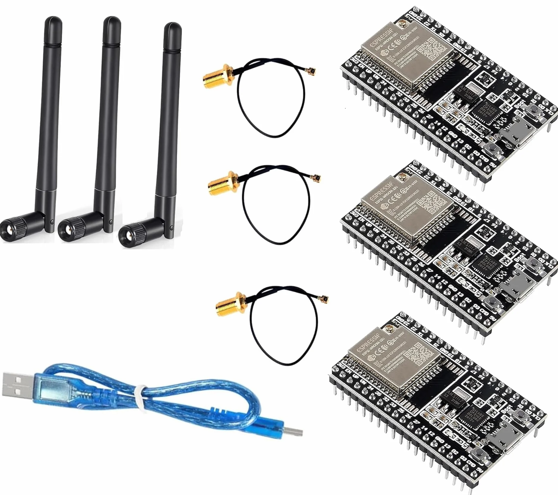 ESP32-DevKitC Placa Central ESP32 Placa de Desarrollo ESP32-WROOM-32U Conjunto para Arduino con Antena y Cable (3 Pcs)