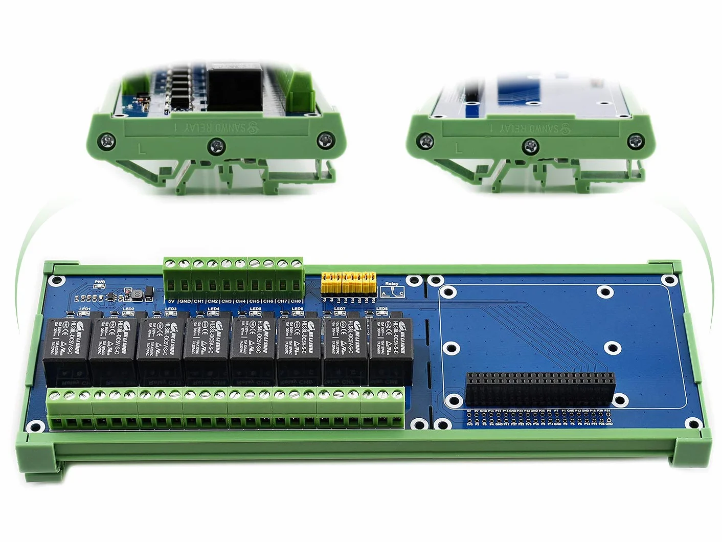 Waveshare 8-ch Relays Expansion Board Compatible with Raspberry Pi Control High Voltage Products Standard Rail Mount Bottom Case