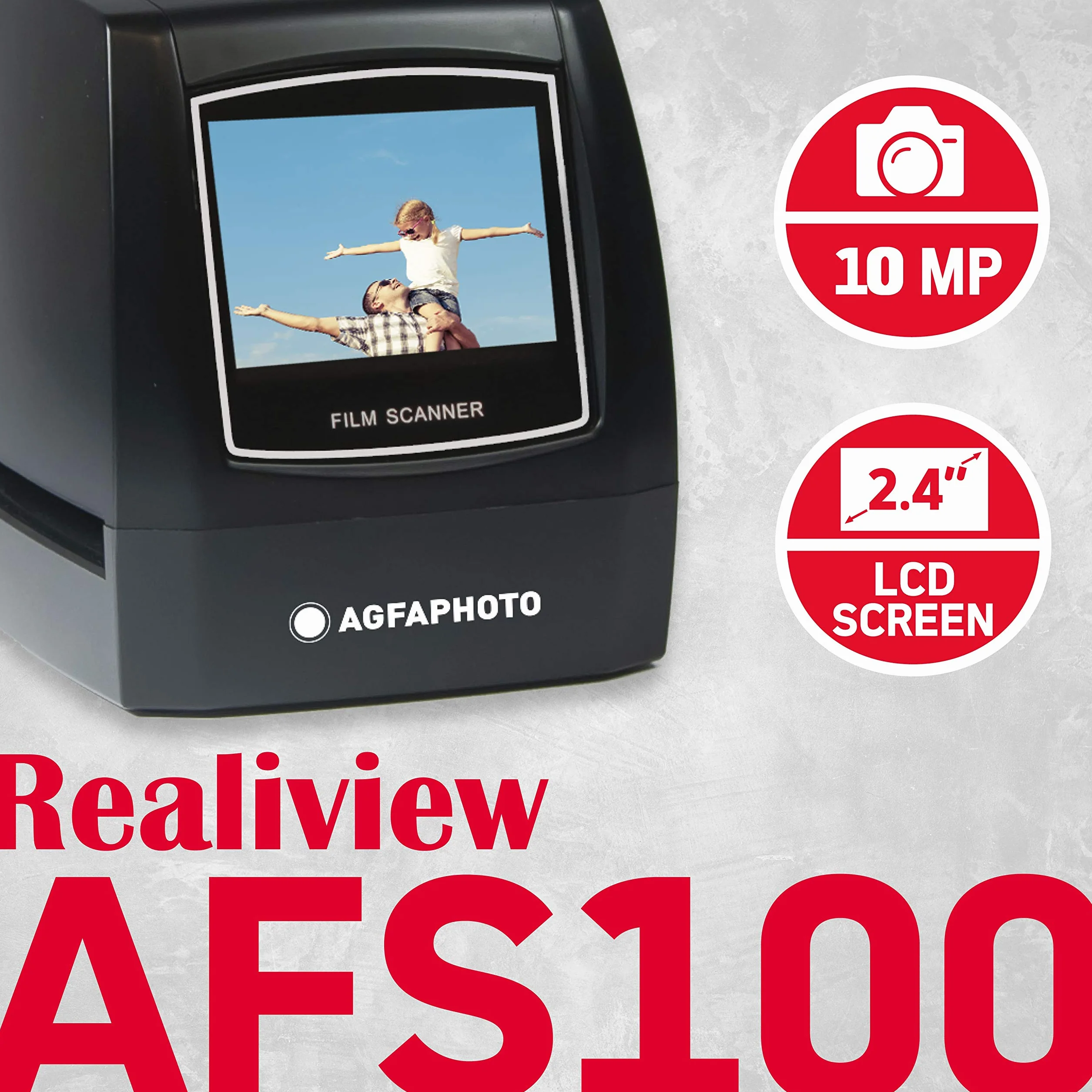 AgfaPhoto Realiview AFS100 - Escáner Digital de Películas, Negativo de 35 mm/135 y Diapositivas (10 MP, Pantalla LCD de 2,4 Pulgadas), Color Negro