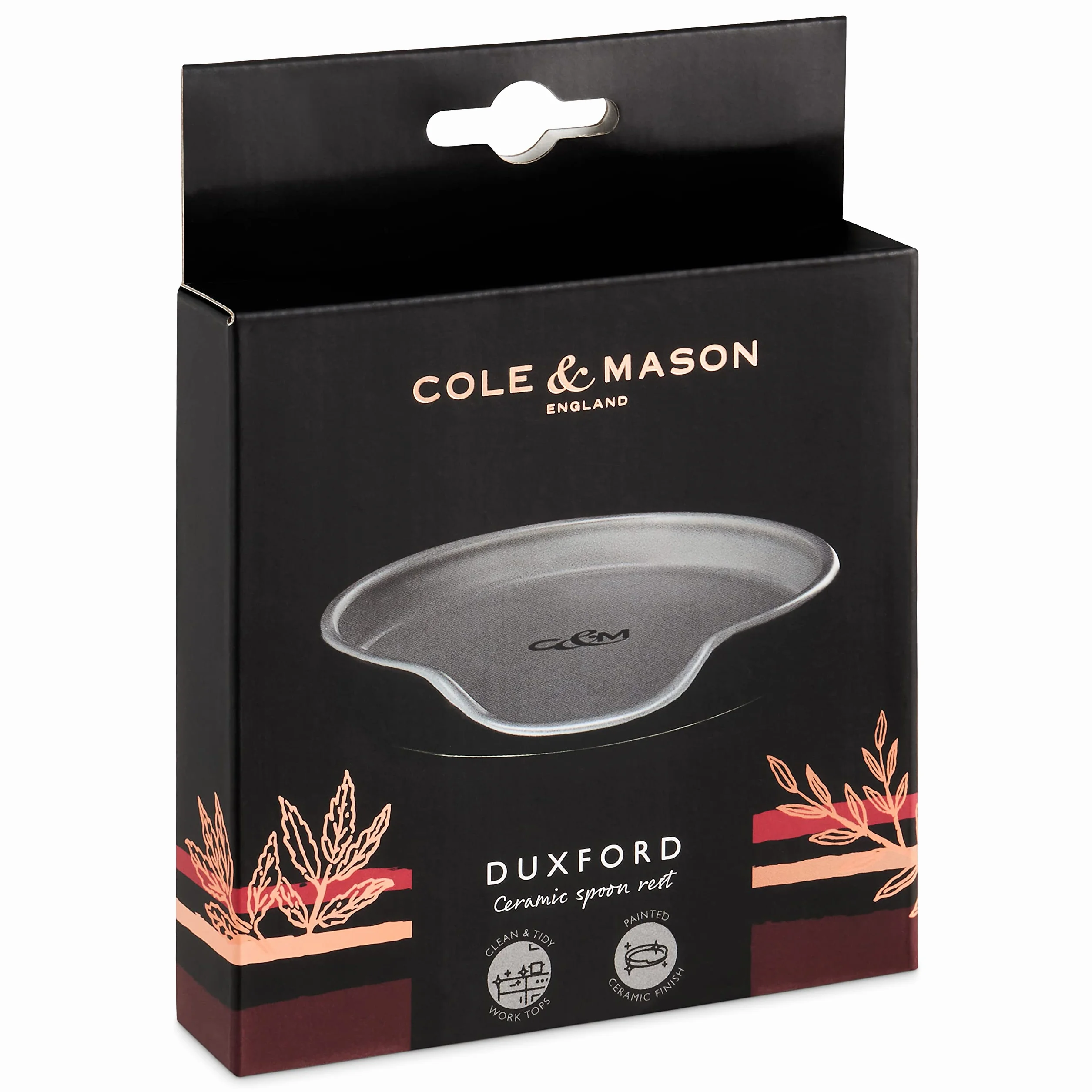 Cole & Mason Duxford Reposa Cucharas Cocina Negro/Gris Soporte Cuchara Madera 20mm x 105mm Cerámica