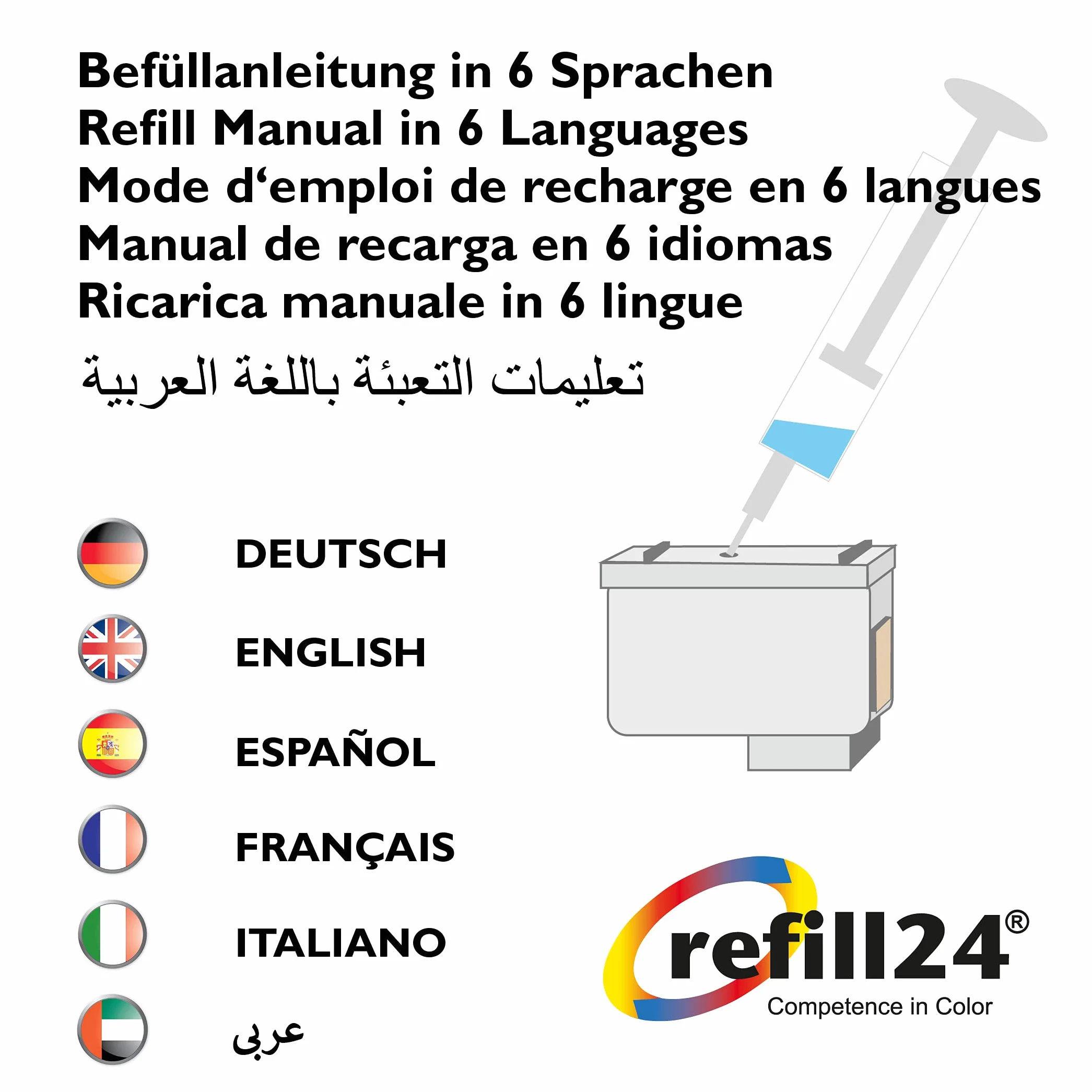 refill24 Kit de Recarga Compatible para Cartuchos de Tinta HP 303, 303 XL Negro y Color, Incluye Clip y Accesorios + 400 ML Tinta