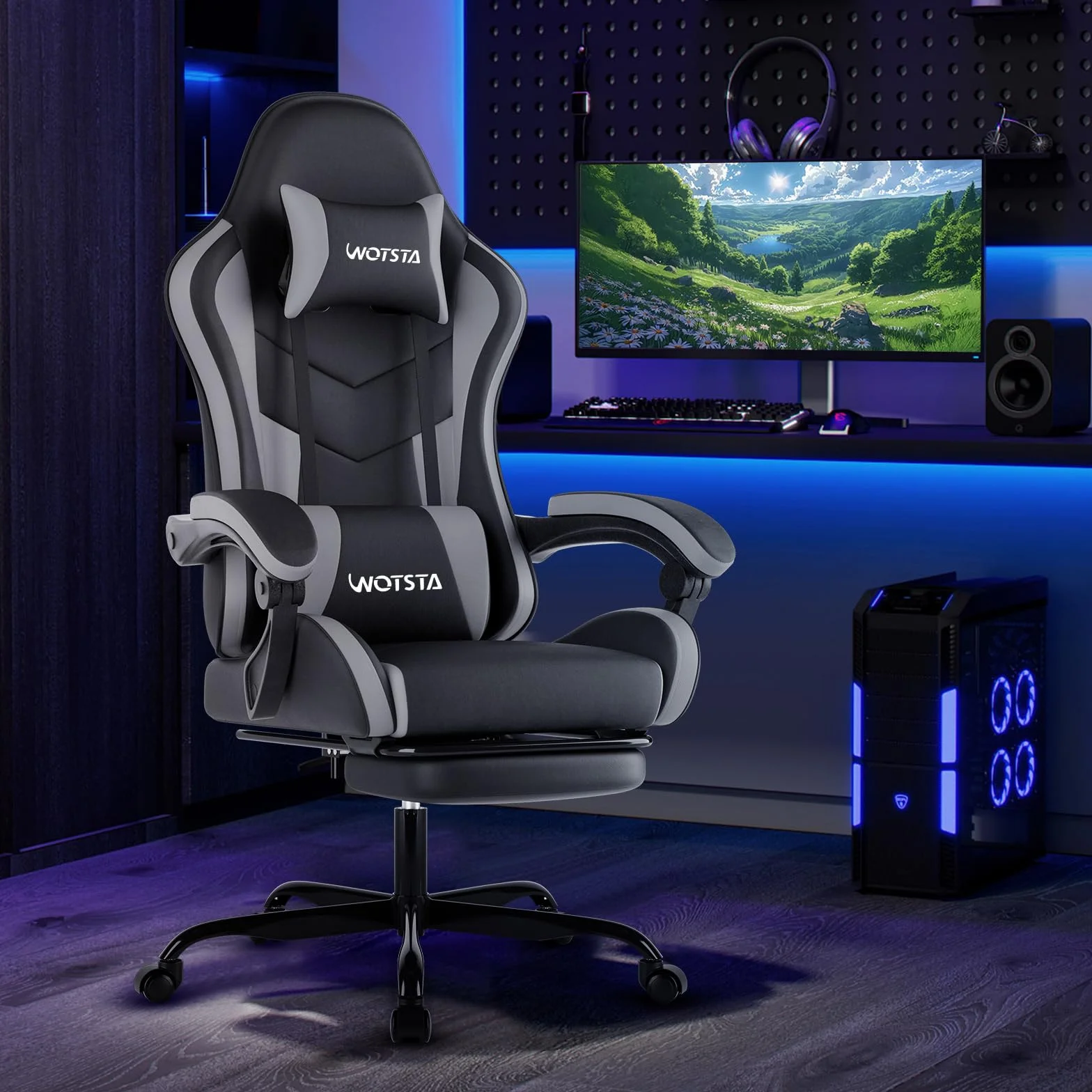 Silla Gaming Ergonómica con Reposapiés, Altura Regulable, Respaldo Abatible, Masaje, Reposacabezas, 120 kg