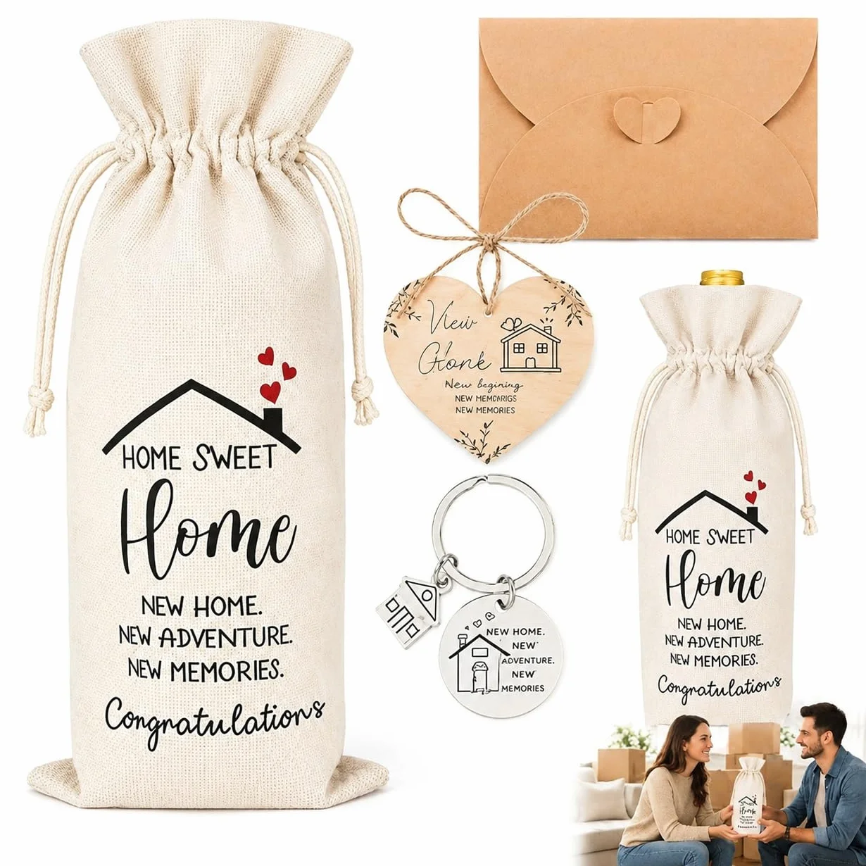 Set de Regalo Mudanza para Nueva Casa: Bolsa Botella Vino, Llavero, Amuleto Suerte, Sobre Felicitación