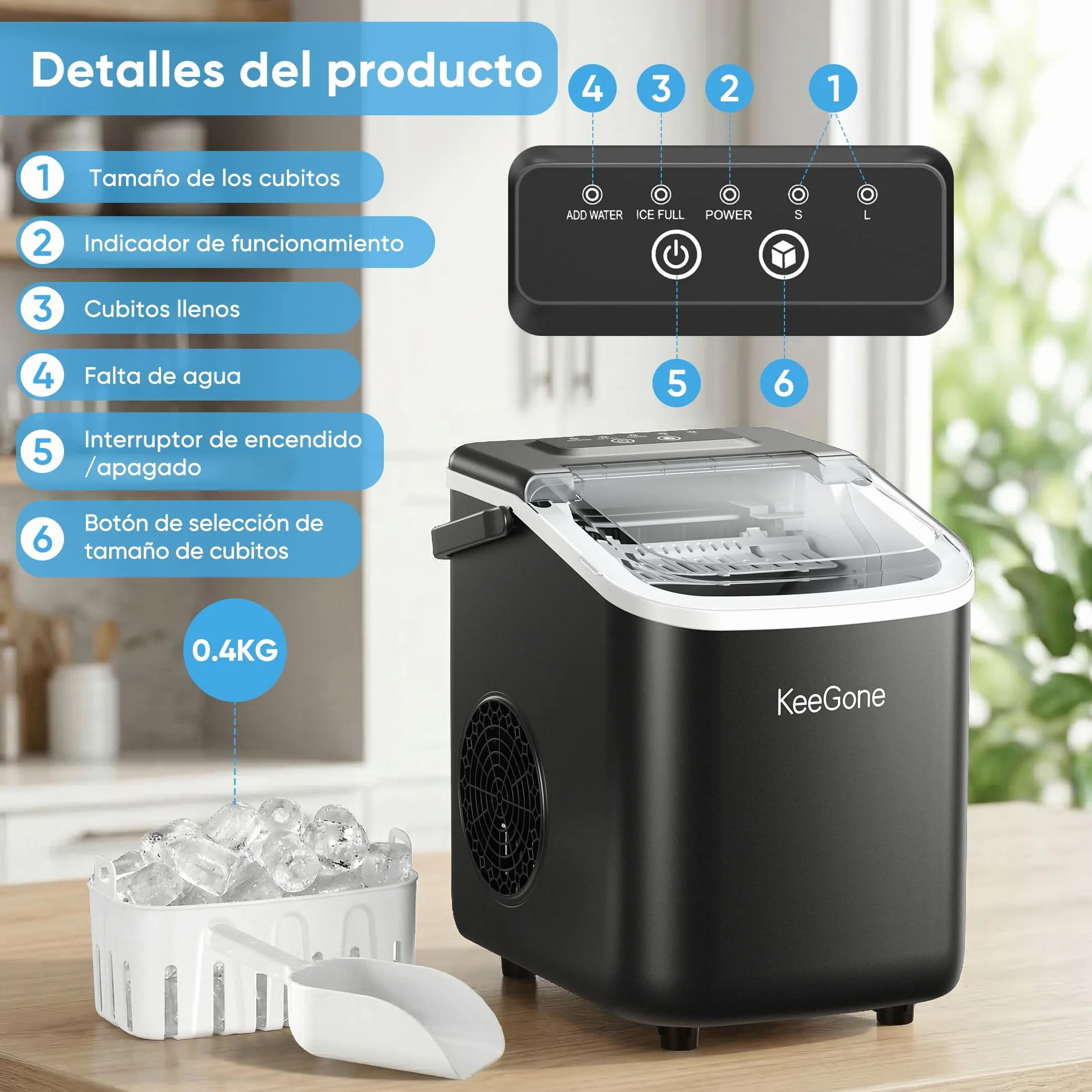 Máquina de cubitos de hielo pequeña 1,2 L 9 cubos 6 min 10 kg/24 h negro con mango portátil