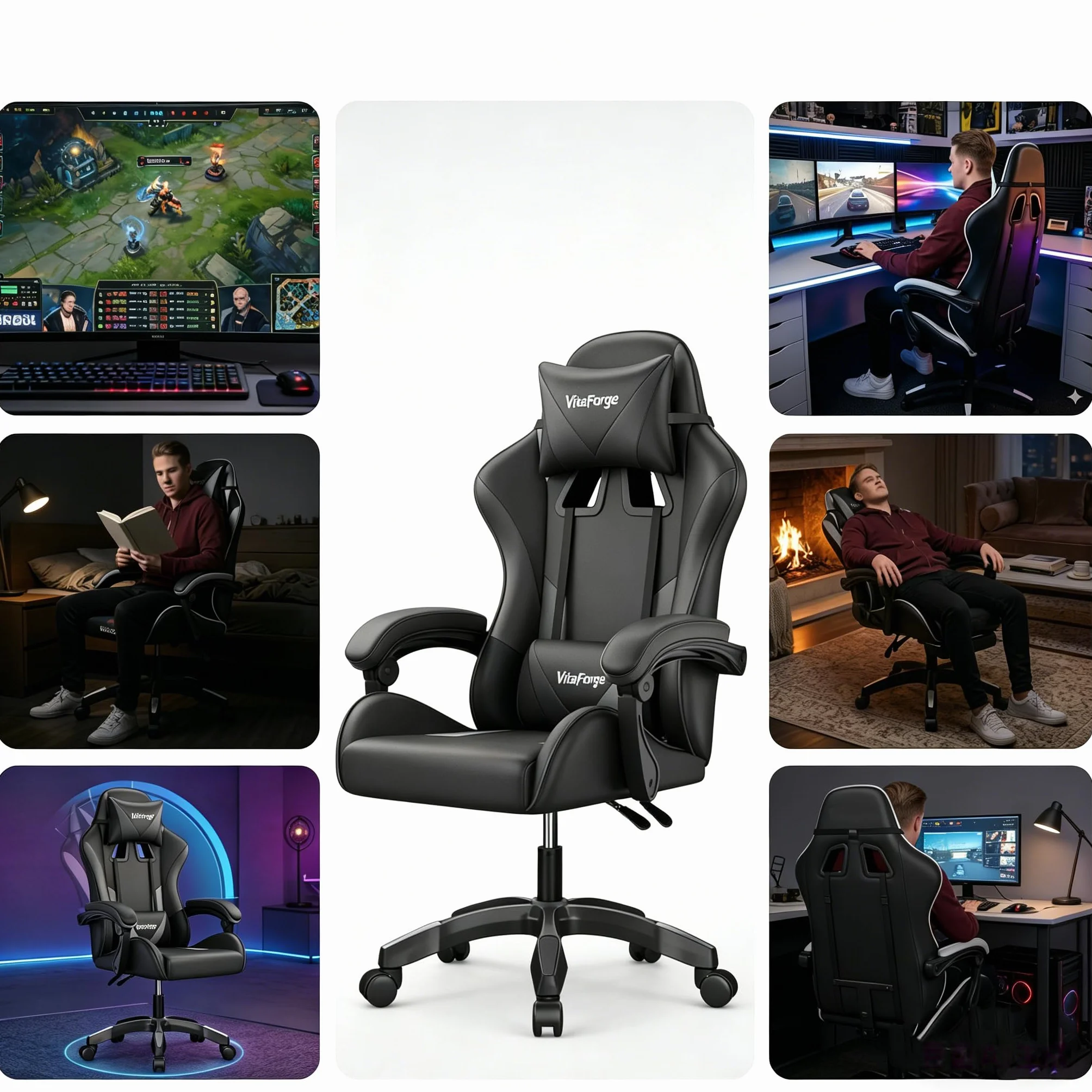 Silla de Gaming Ergonómica con Soporte Lumbar, Apoya-Cabezas y Ajuste de Altura - Cuero PU, Negra
