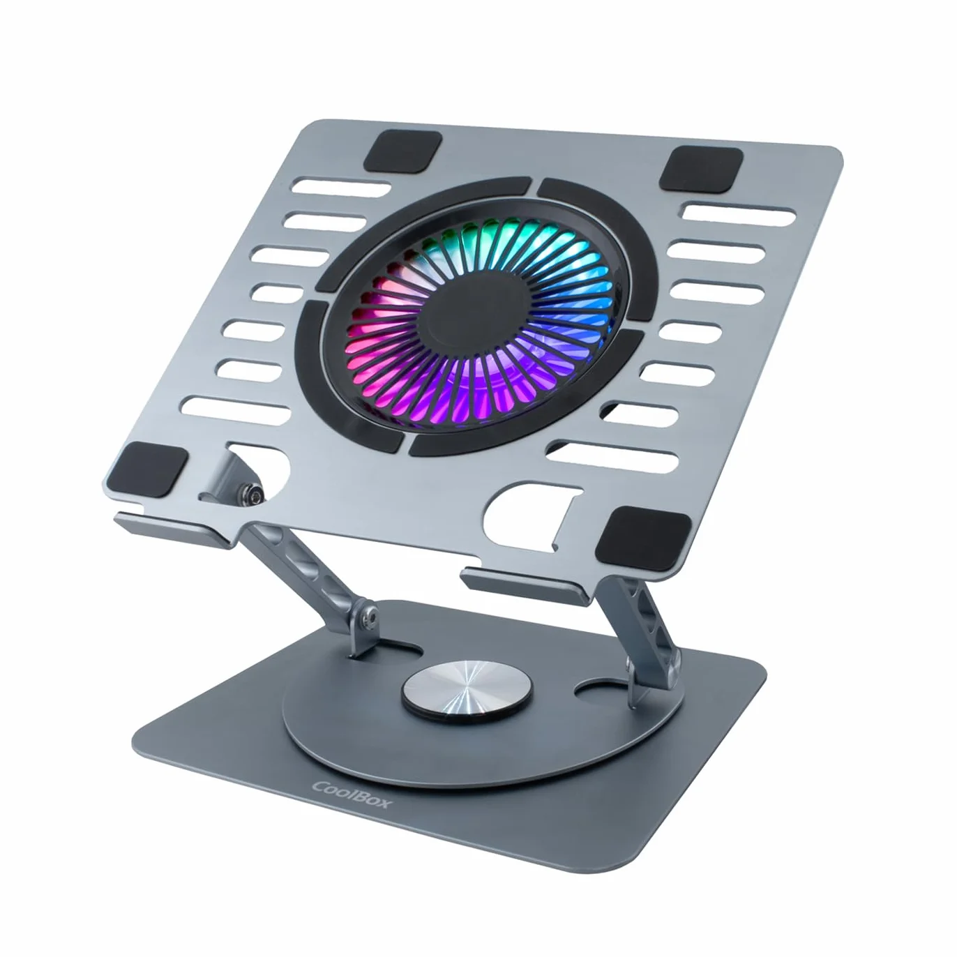 CoolBox CoolAir - Soporte Portatil con Ventilador Silencioso RGB de 11cm, Base Ajustable en Altura y Giro 360º, Refrigerador Portátil con Velocidad Ajustable, Tablets/Portátiles hasta 17.3". Aluminio