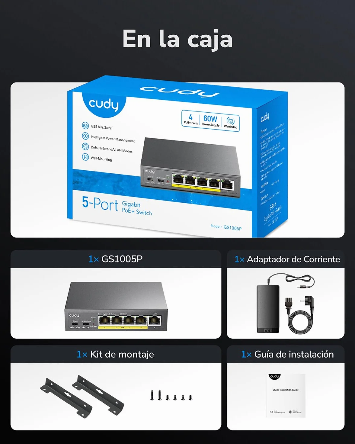 Cudy GS1005P - Conmutador Ethernet Gigabit (5 Puertos PoE+ 60 W, 4 Puertos 10/100/1000 Mbps, PoE+, Switch Unmanaged, Sin alimentación Adicional, 802.3af/at