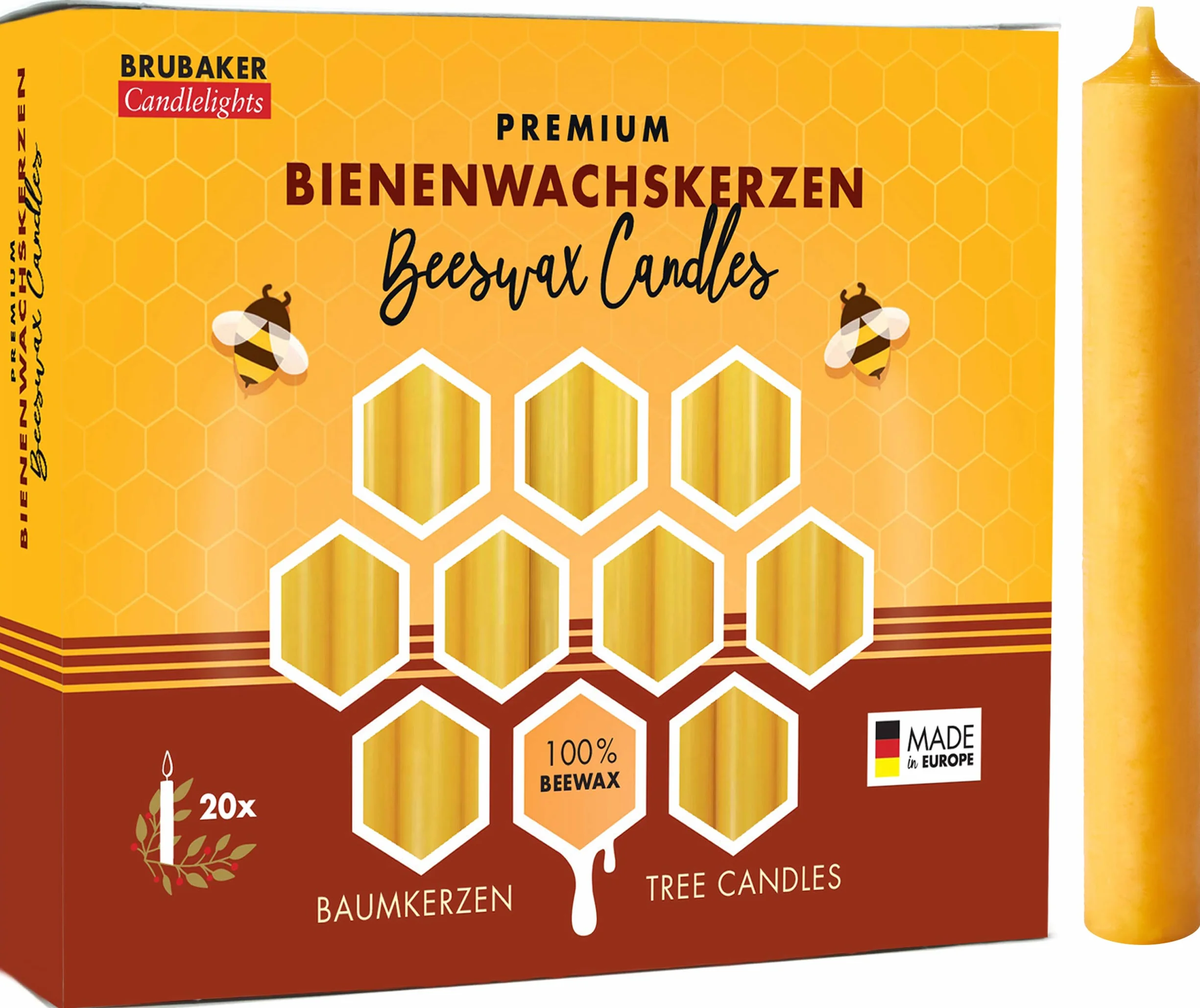 BRUBAKER Velas navideñas de cera de abeja Juego 20 Ø 1,25 cm Amarillo Miel