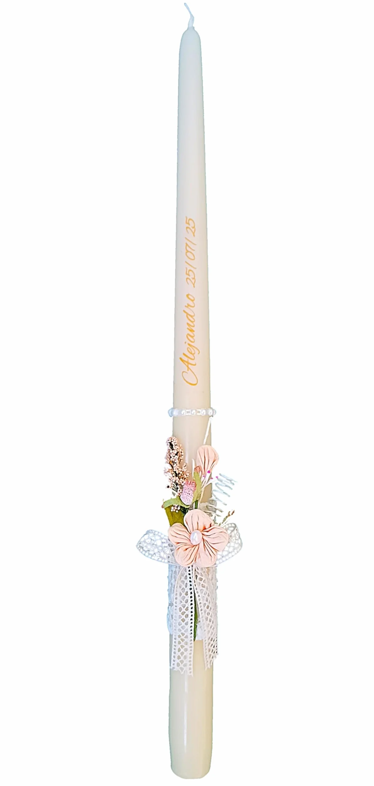 Vela de Bautizo Decorativa Cónica con Flores Rosas Salmón, Cinta de Encaje y Perlas